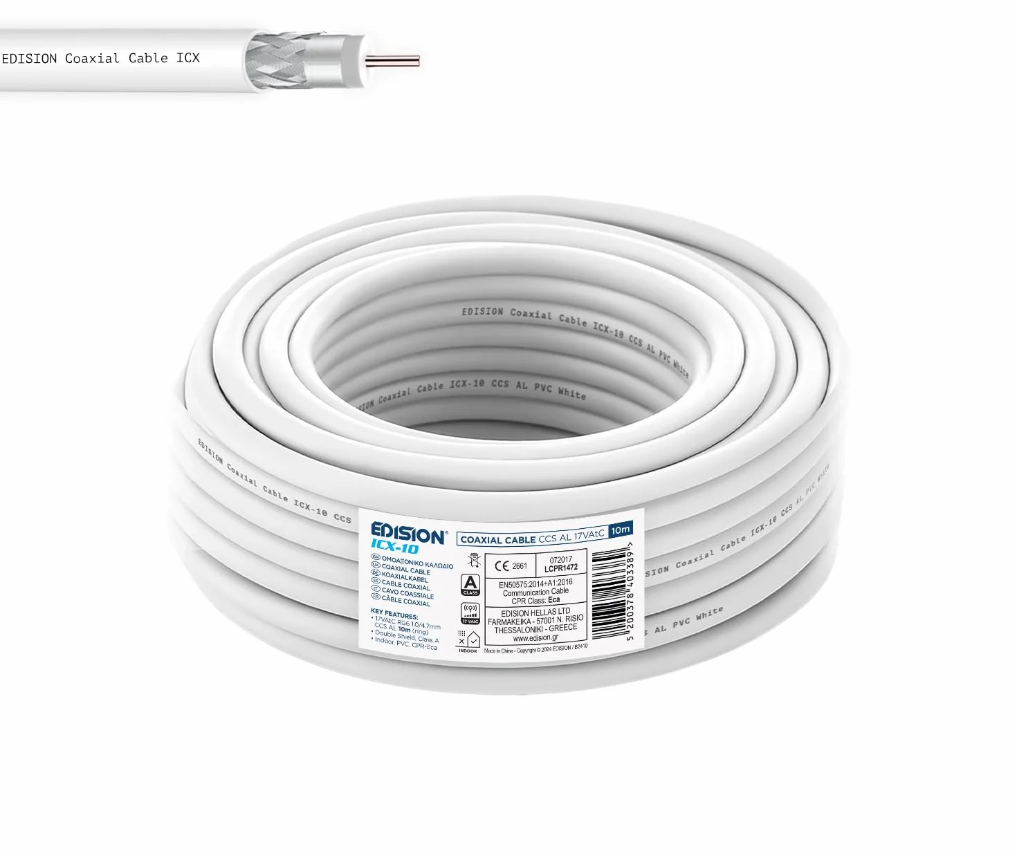 Cable Coaxial EDISION ICX-10 10m Blanco Acero Cobreado CCS/AL 17VAtC CPR Eca Clase A para DVB-S2 DVB-T/T2 DVB-C