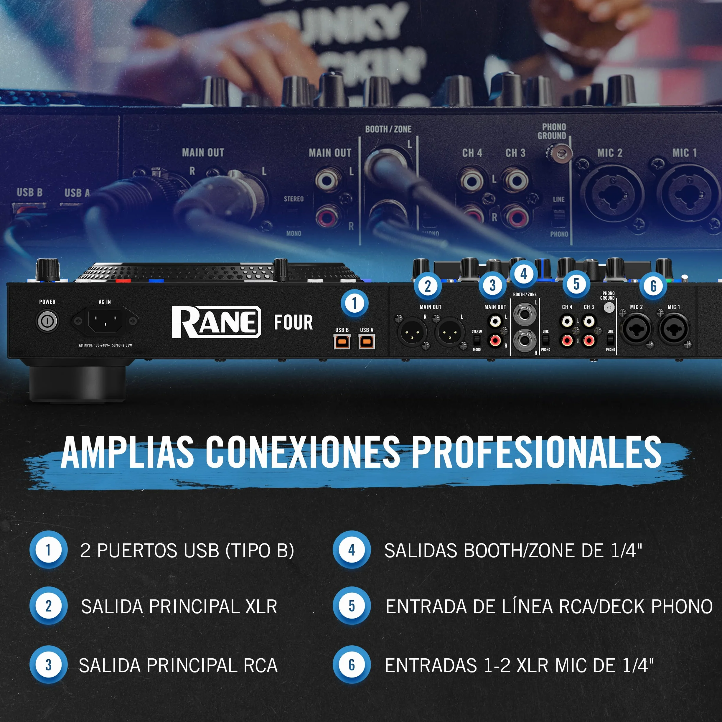 RANE FOUR Controlador DJ Stems Avanzado, 4 Canales, Jog Wheels de 8.5 Pugadas + Displays, Mezclador DJ con FX Internos, Serato DJ Pro + Pitch 'n Time DJ