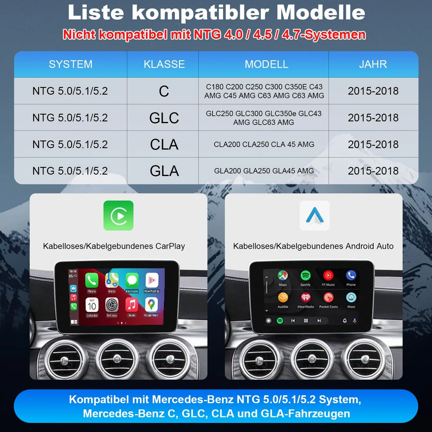 Kit de modificación de coche inalámbrico CarPlay/Android módulo decodificador para Mercedes-Benz NTG5.0 B, C, GLC, CLA, Clase GL W205 (2015-2018), compatible con cámara de visión trasera