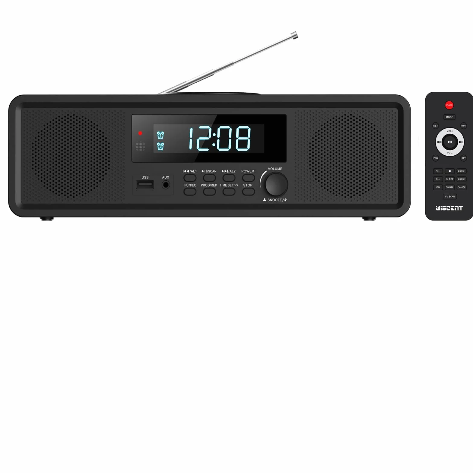 Sistema estéreo HiFi Compacta con CD, Radio FM, Bluetooth, USB, Auxiliar, Reloj Digital