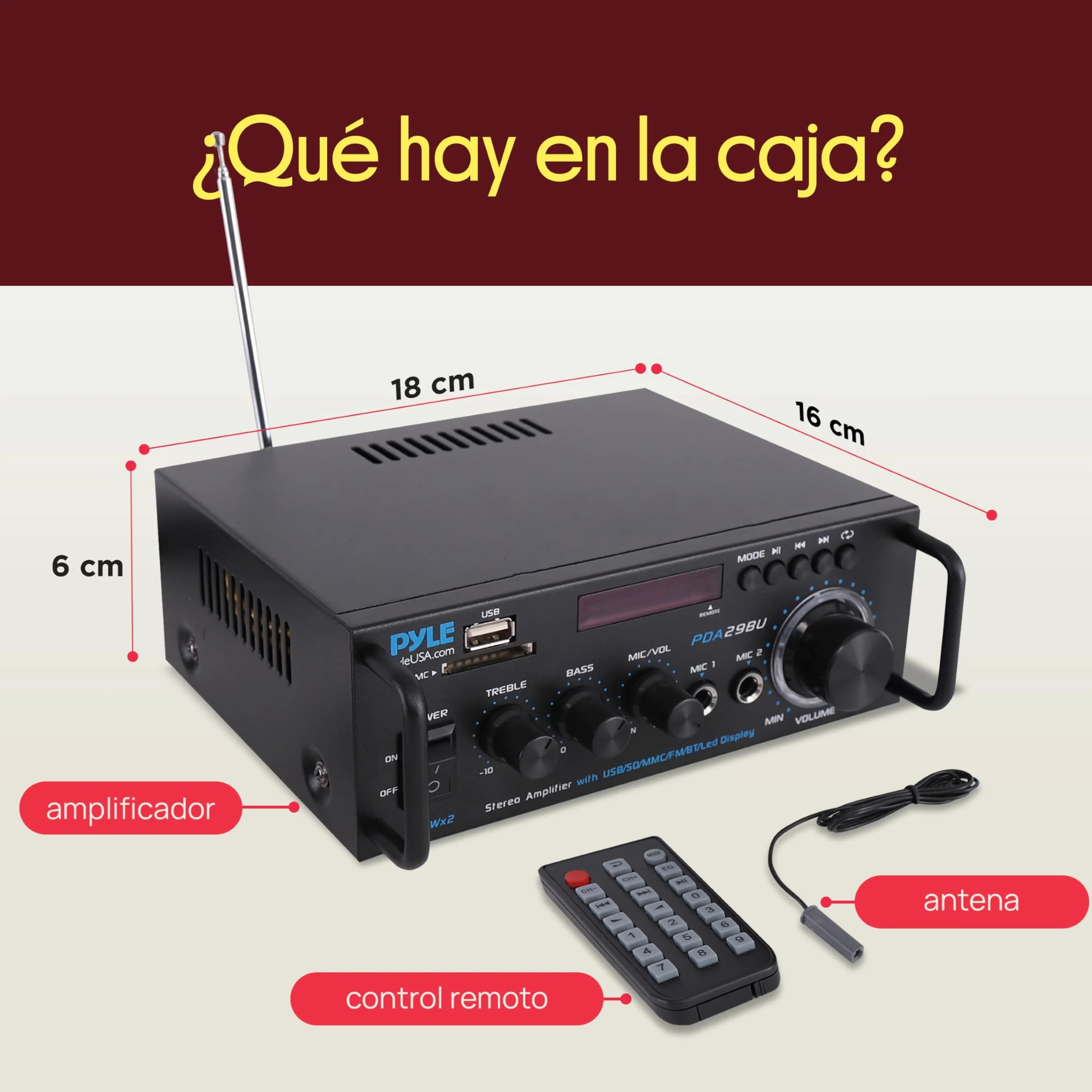 PyleUsa Receptor AV HiFi estéreo para el Hogar con RCA, USB, SD, 2 Micrófonos, Radio FM, Mando a Distancia, Sonido Envolvente para Cine en casa