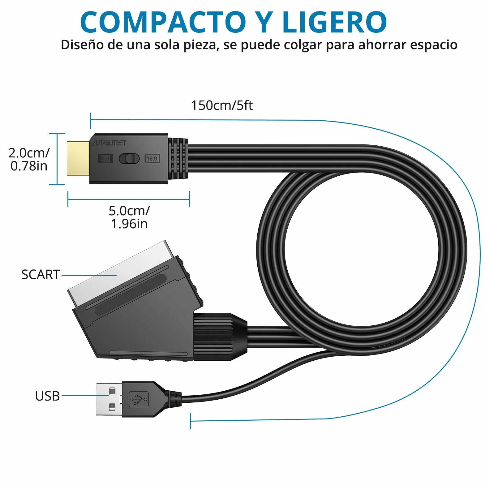 AUTOUTLET Conversor Euroconector a HDMI 1080P 720P - Soporta 16:9/4:3, PAL/NTSC - Cable SCART a HDMI 150cm para HDTV, DVD, BLU-Ray, VCR, Proyector