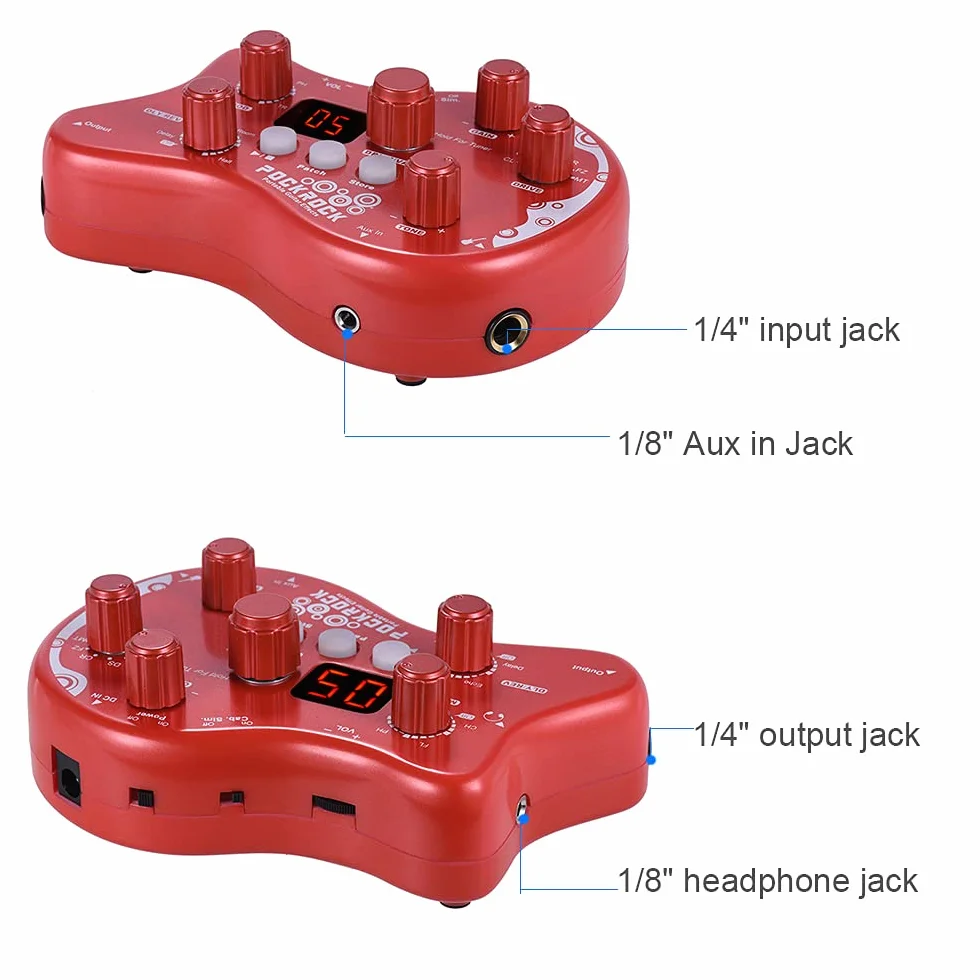 Procesador multiefectos para guitarra con efectos de pedal, 15 tipos de efectos, 40 funciones de sintonización, ritmos de batería con adaptador de alimentación