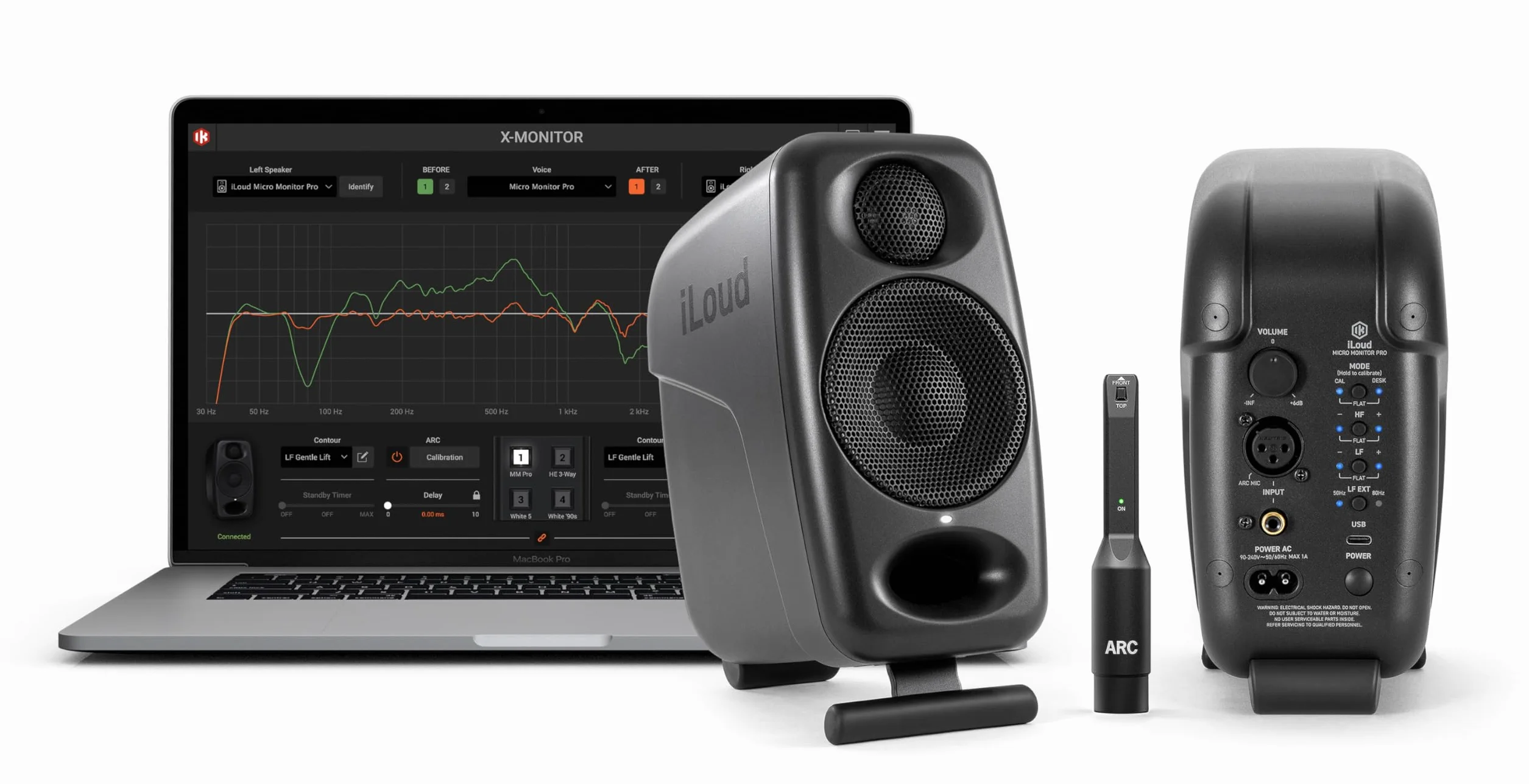 IK Multimedia iLoud Micro Monitor Pro - Par - Monitores de estudio compactos, de 2 vías, biamplificados, altamente portátiles y controlados digitalmente. Incluye micrófono ARC. Color negro.