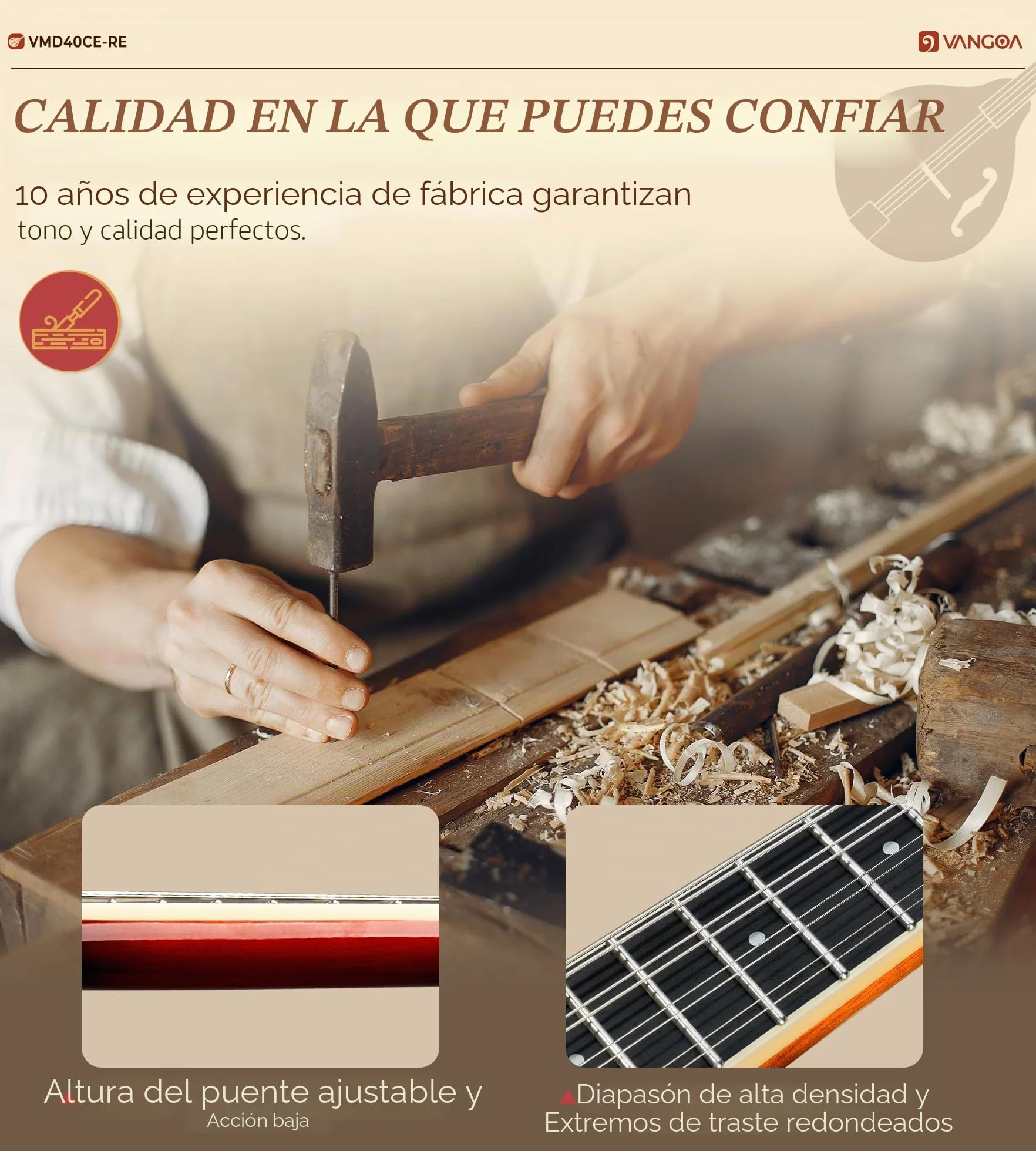 Vangoa Mandolina Eléctrica Acústica de Estilo A Instrumento de Mandolina para Principiantes Caoba Rojo con Bolsa de Concierto, Púas, Correa de Sintonizador de Cuerdas