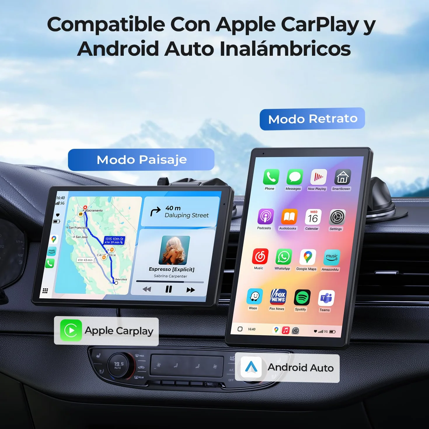 Carplay - Pantalla portátil de 8 pulgadas para coche Apple CarPlay y Android, pantalla HD de 1440 x 900, soporte magnético, actualizaciones OTA, cámara trasera, Bluetooth, control por voz