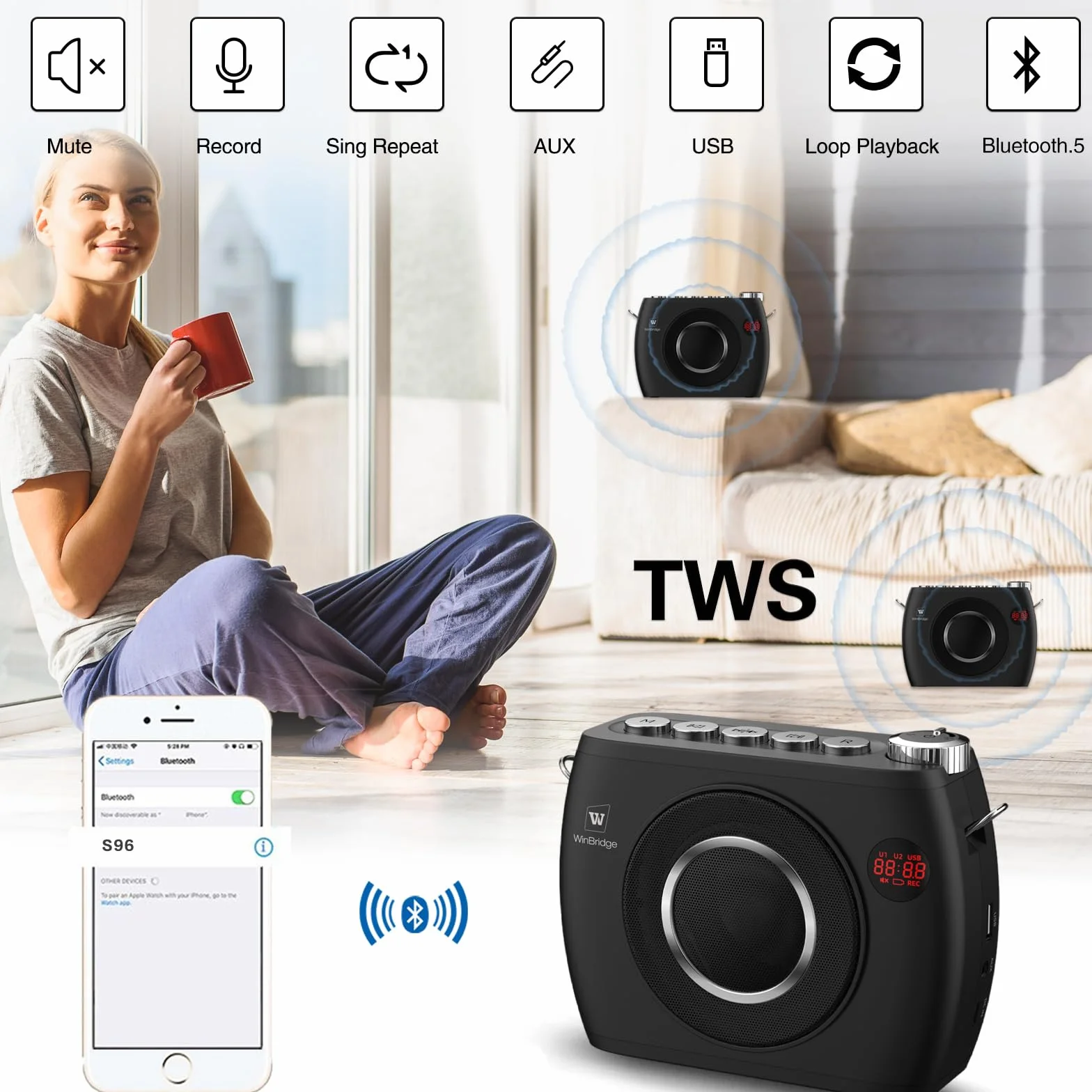 Amplificador de Voz Inalámbrico de 25W con Dos Micrófonos de Diadema Bluetooth, Alta Capacidad de 8000mAh, Sistema PA Portátil Altavoz y Micrófono Bluetooth, Megáfono con Micrófono para Profesores S96