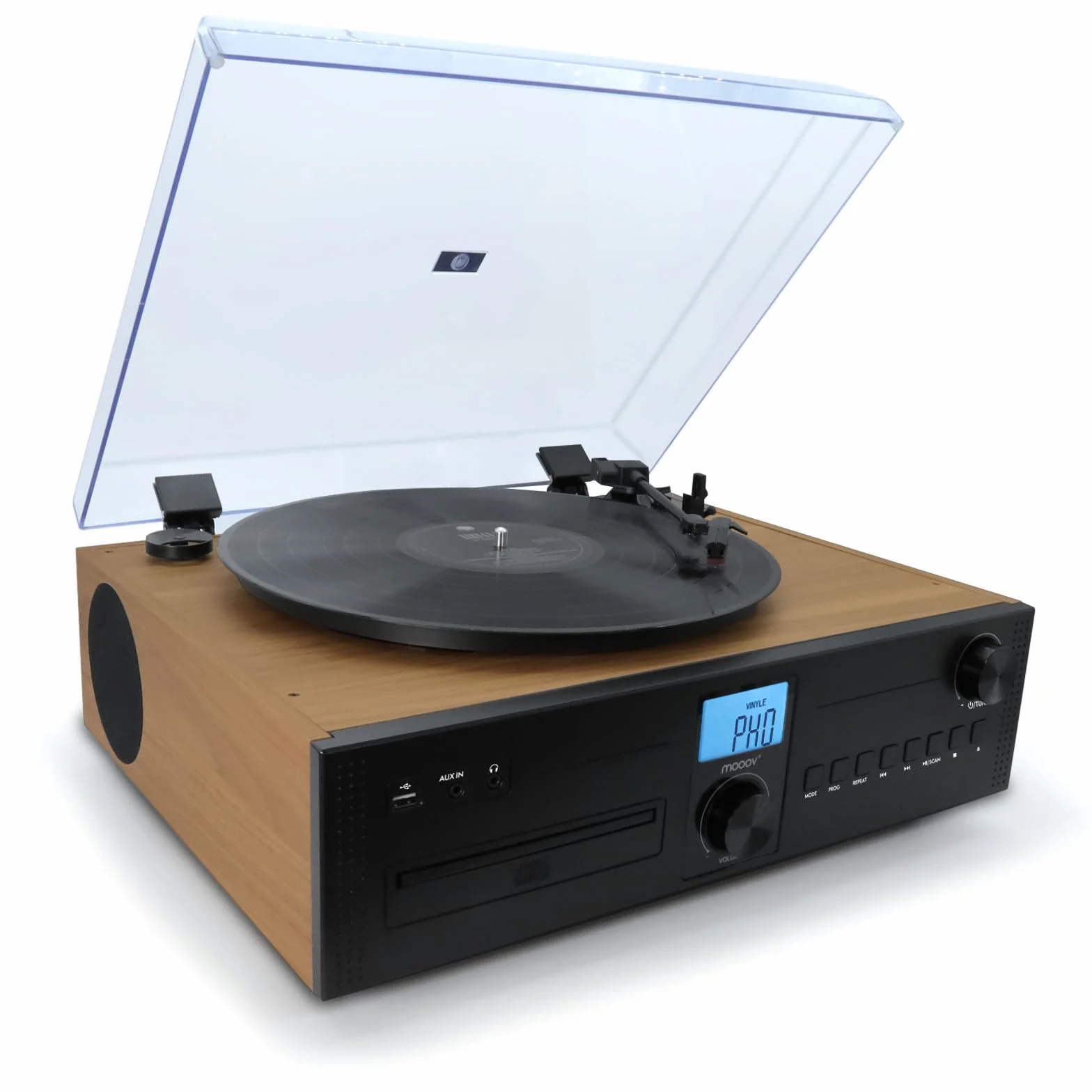 Mooov Microcadena HiFi Estéreo 50W con Tocadiscos, Reproductor CD, Bluetooth, Radio FM, USB, AUX-IN, RCA, Mando a Distancia