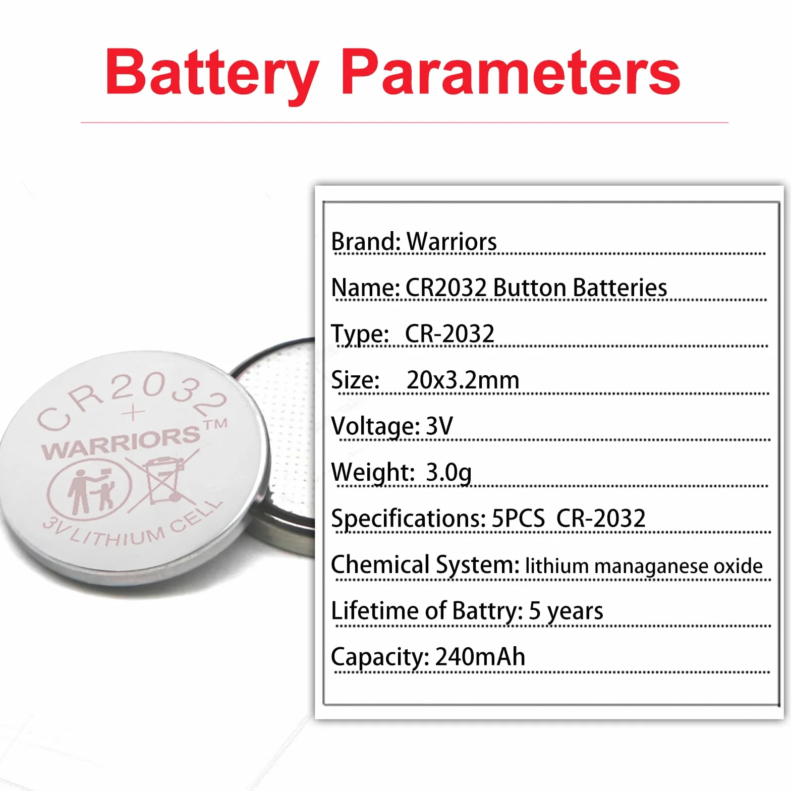 Pilas CR2032 3V Litio Botón Warriors 10X, Embalaje a Prueba de niños para Llaves de Coche