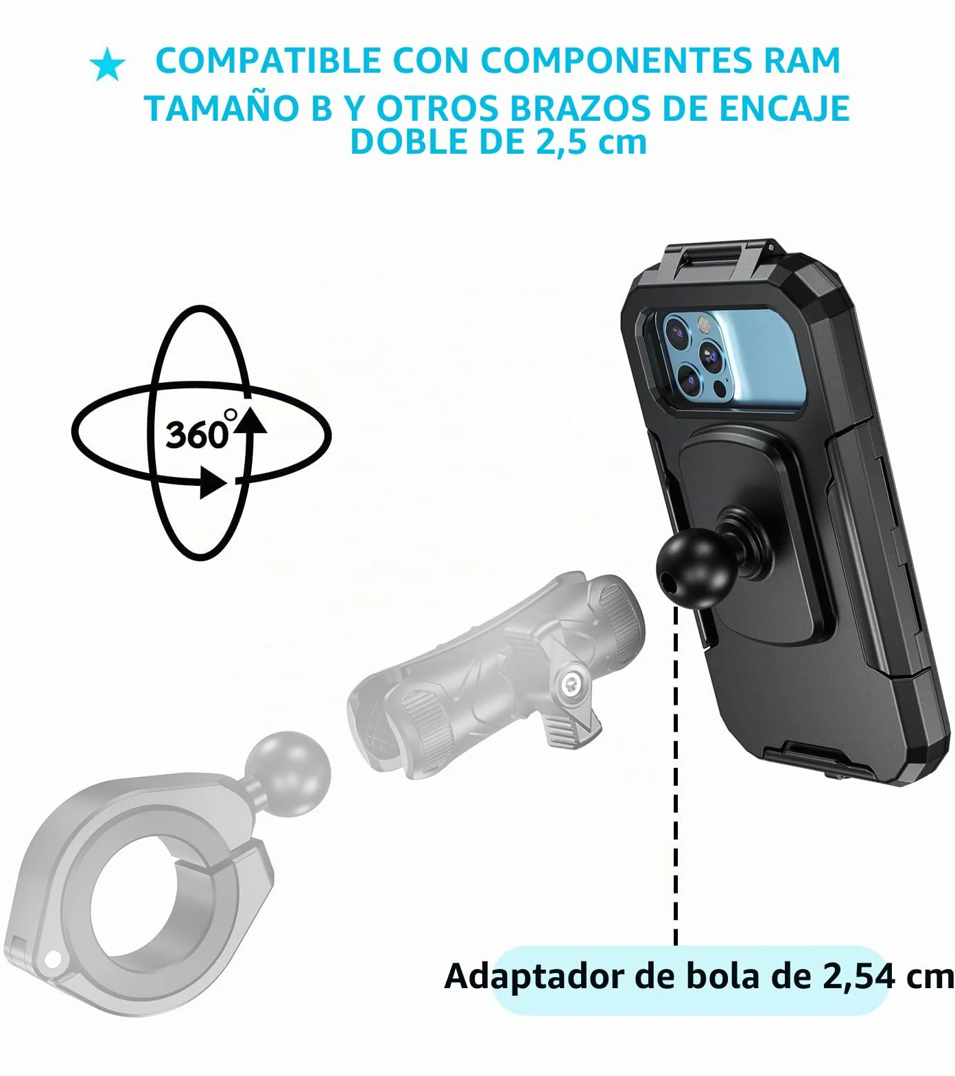 Soporte Impermeable para Teléfono de Motocicleta IP66 2,5cm Cabezal de Bola Compatible con RAM B 5,5" a 6,8"