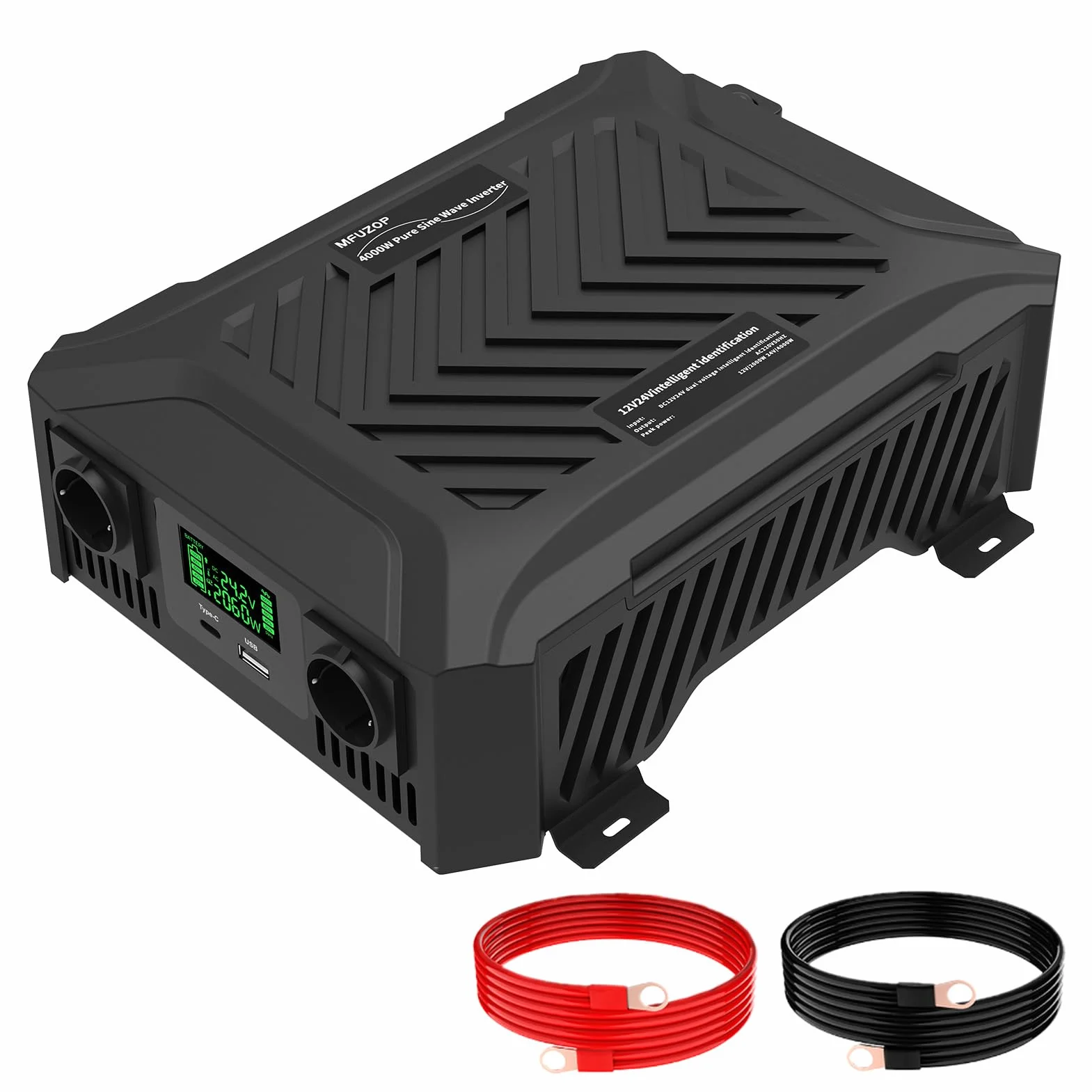 Inversor 24V 220V/230V Onda Pura 2300W, Convertidor 24V 220V 2300W con Pantalla LCD, 2 Tomas AC, 1 USB-A y 1 USB-C, para Autocaravana, Camión, Transformador Fuera de Red