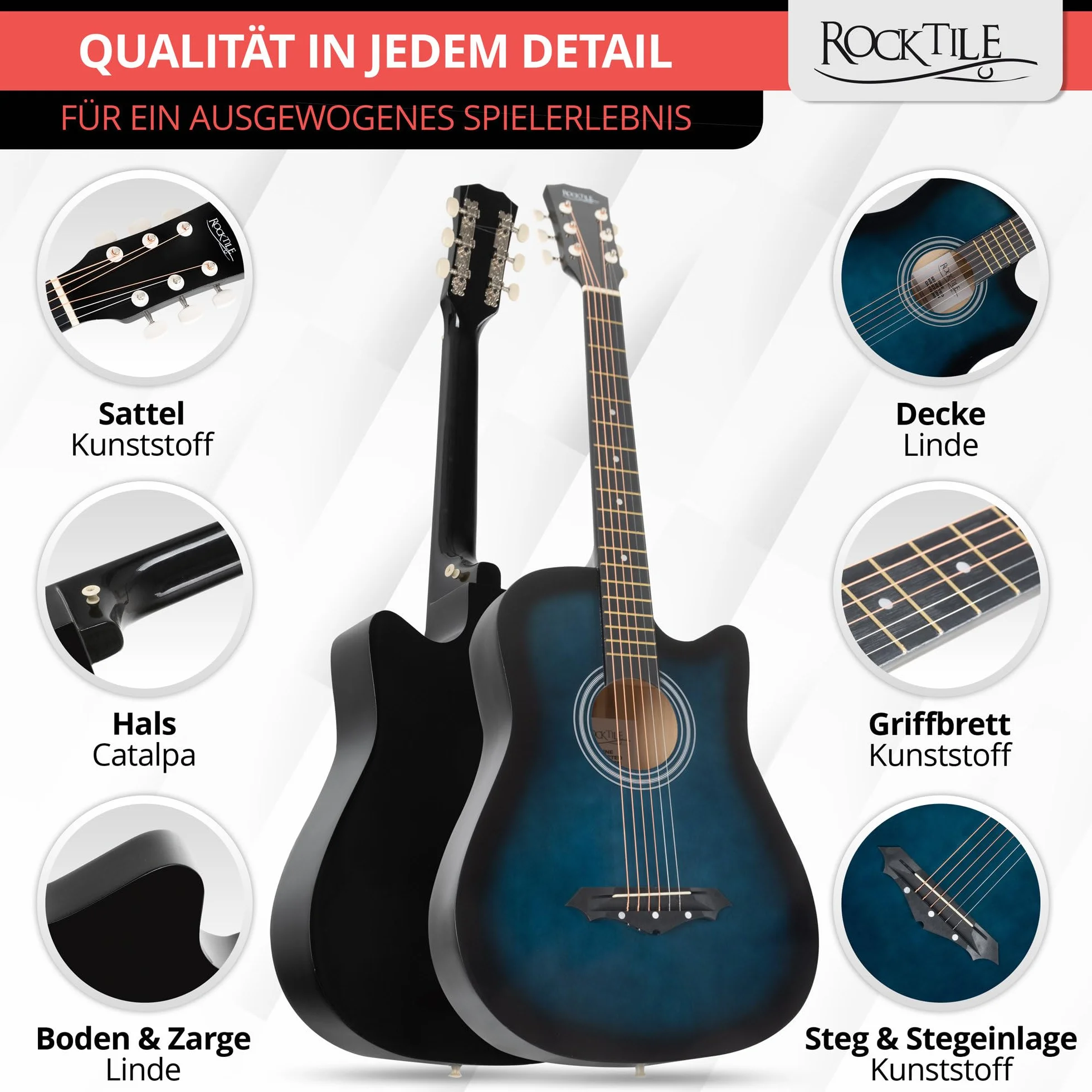 Rocktile WSD-5C-BUB Slim Line Set De Guitarras Western - Guitarra Acústica Dreadnought - Cuerpo De Tilo - Mástil: Catalpa - Set Incluye Funda, Cuerdas De Repuesto, Correa Y Púas - Blueburst