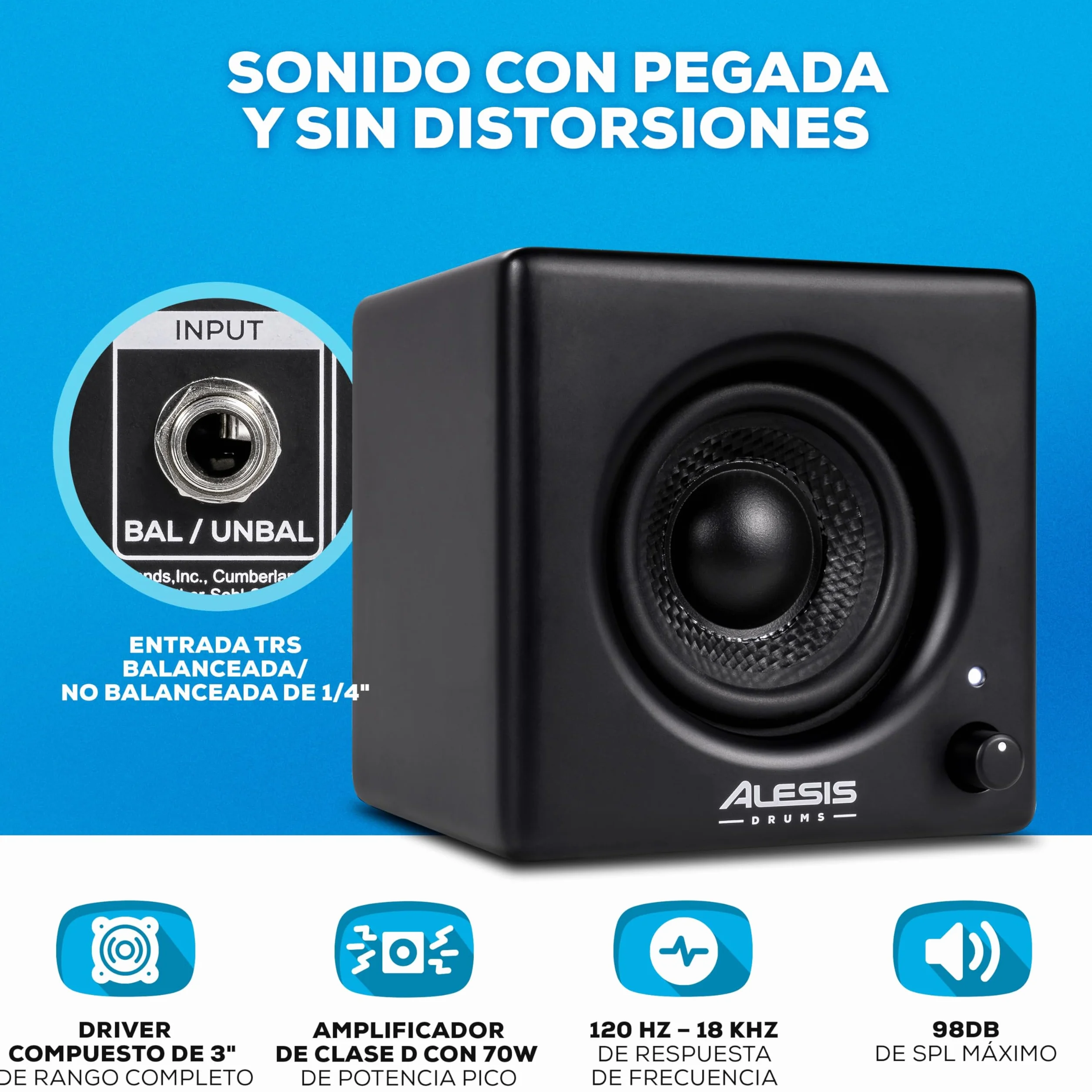 Alesis Nitro Amp - Altavoz Monitor de Batería Electronica Compacto de 3" y 70W para Prácticas y Lecciones, montable en Rack con Las Abrazaderas Incluidas
