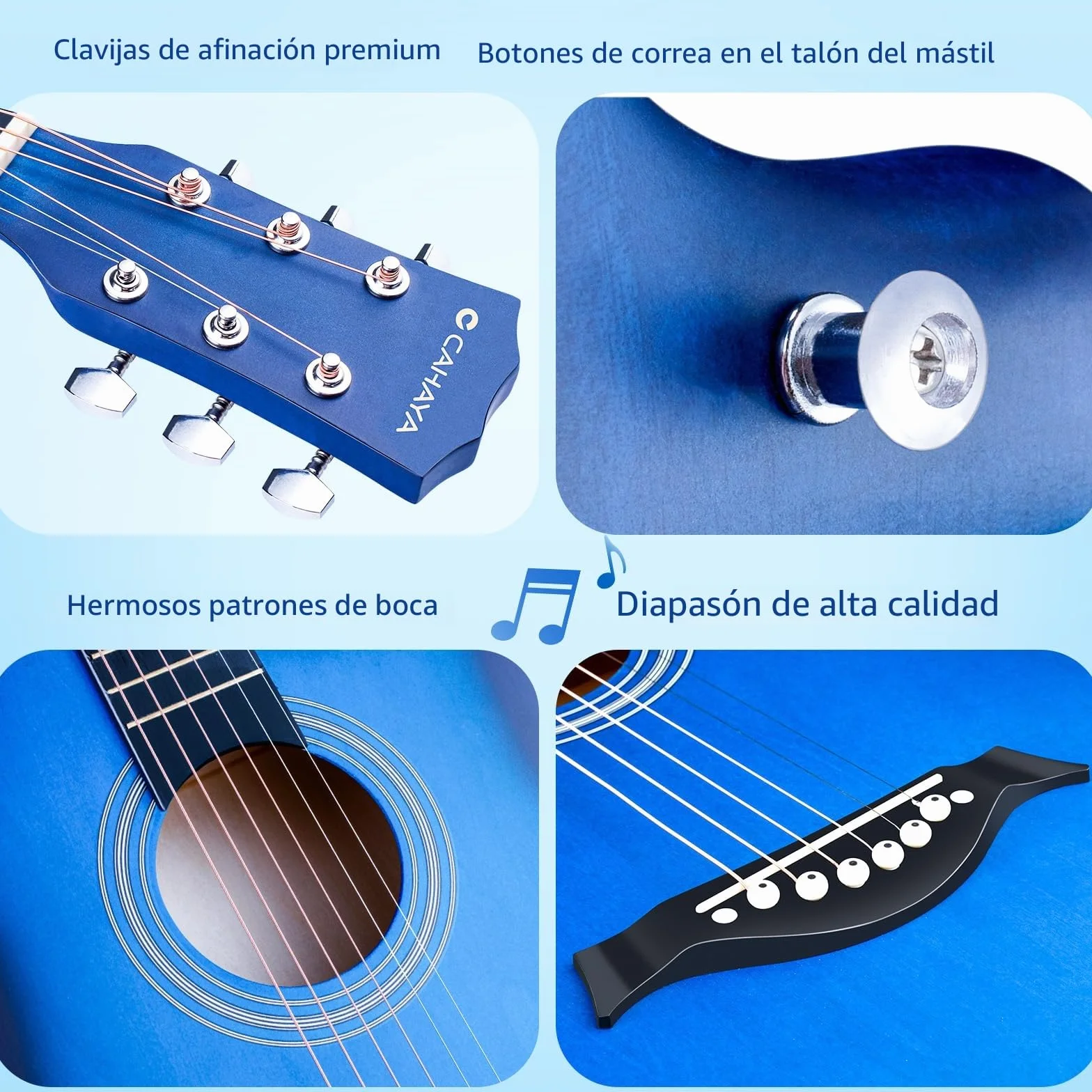 CAHAYA Guitarra Acústica De Tamaño Completo De 38 Pulgadas con Cuerdas De Repuesto, Estuche, Correa, Púas, Cejuela, Pegatinas, Azul, CY0354