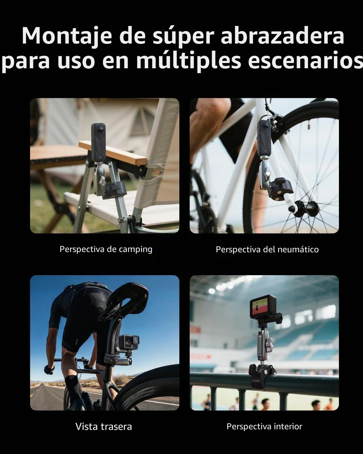 TELESIN Soporte de Moto/Bicicleta para DJI Osmo Action 6/5 Pro, Pocket 4/3, GoPro Hero 13/12/11/10, Insta360, Accesorio para Acción Cámara Aleación de Aluminio con Rotación 360° y Adaptador 1/4"-20 mm
