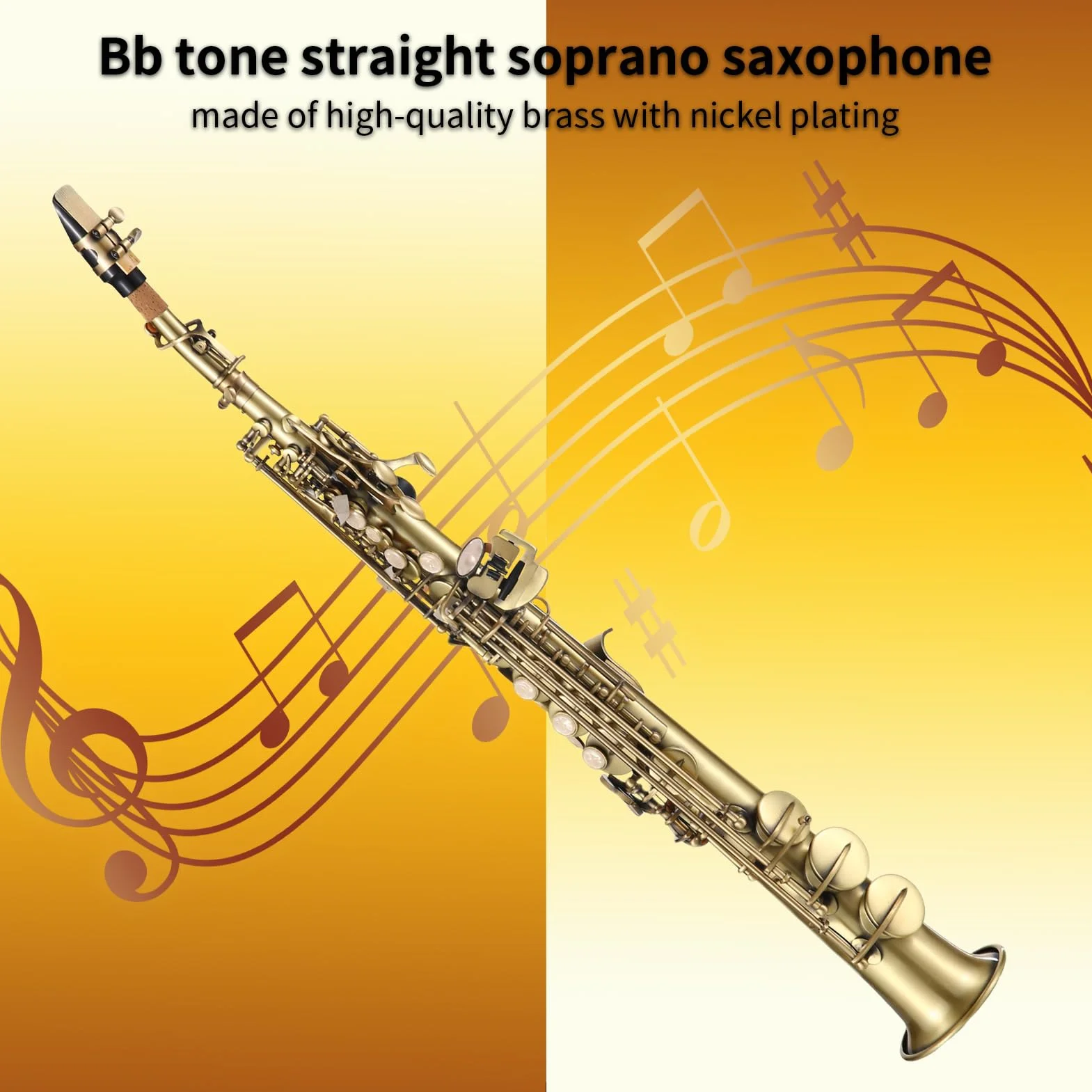 HUIOP Saxofón,Saxofón soprano Bb recto de latón profesional,saxofón niquelado,instrumento de viento de madera,patrón tallado con estuche de transporte,boquilla,kit de limpieza de caña,guantes,correas,