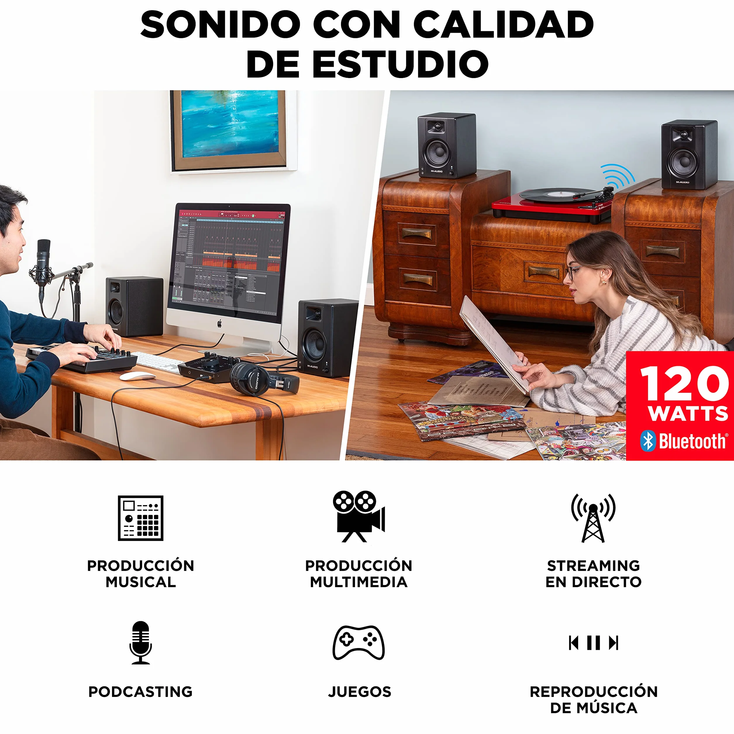 M-AUDIO BX4 BT 4.5 Pulgadas Monitores de Estudio, Altavoces Autoamplificados Bluetooth para PC para producción Musical, Juegos, Streaming, Podcast, DJ