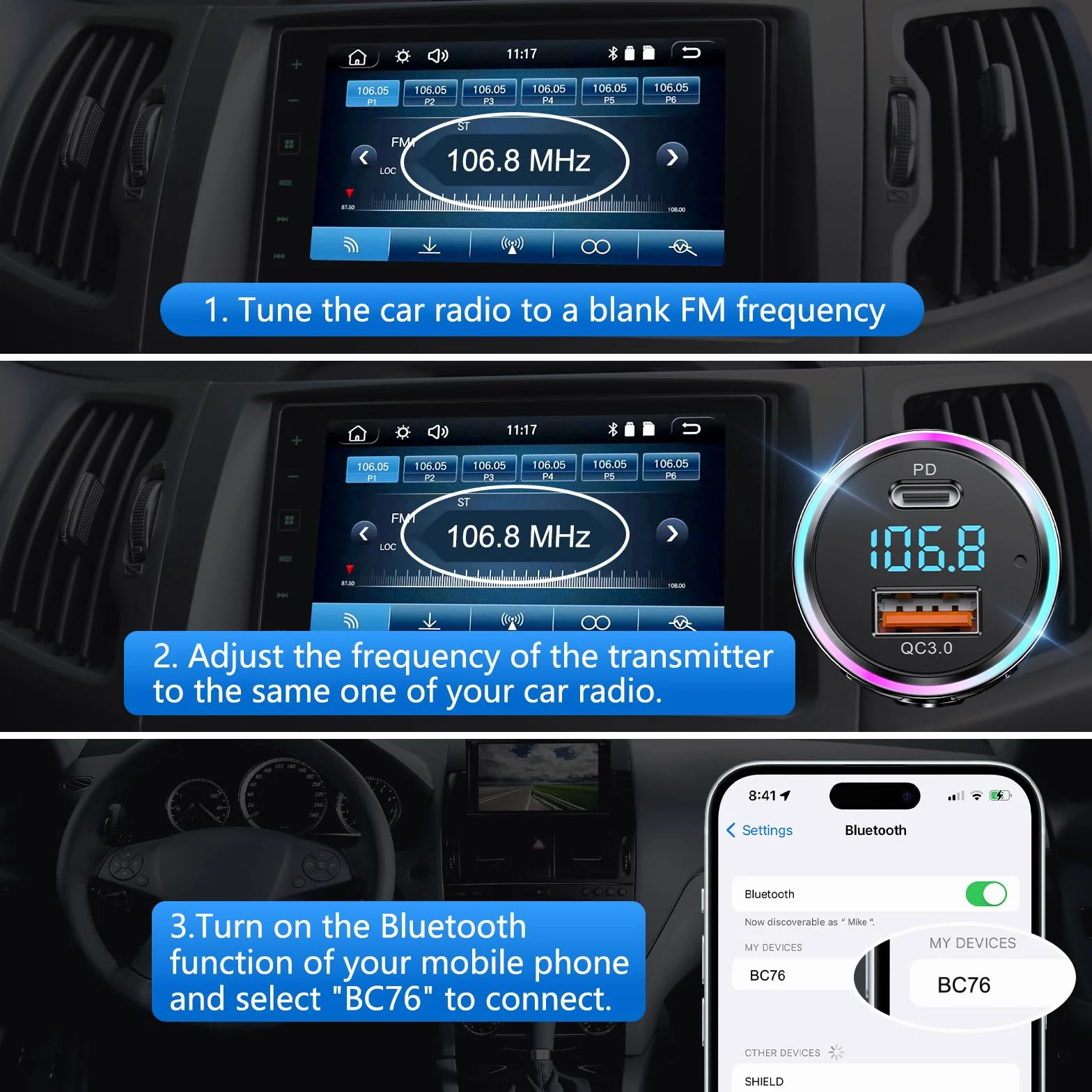 LENCENT Transmisor FM Bluetooth Coche 5.3, Cargador Coche Rápido, PD 30W + QC3.0, Música Alta Fidelidad con Cancelación Ruido, Soporte Llamadas Manos Libres & Asistente de Voz, Totalmente Metálica