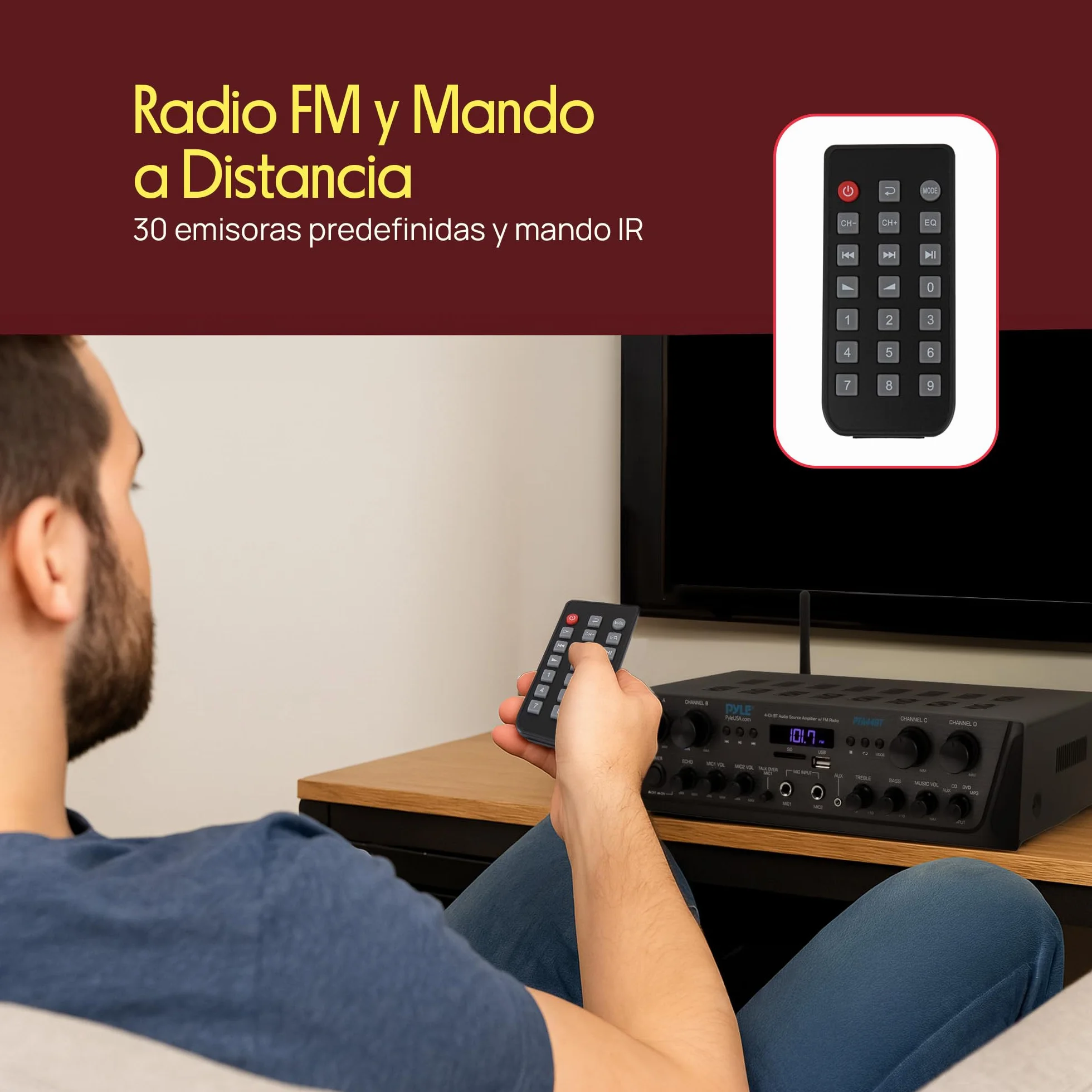 Pyle Amplificador de Audio, Inalambrico, Bluetooth, Estereo, 4 Canales, Entrada de microfono, AUX, Salida del Altavoz del subwoofer RCA, USB, Potencia Maxima de 500W a 4-8 ohmios