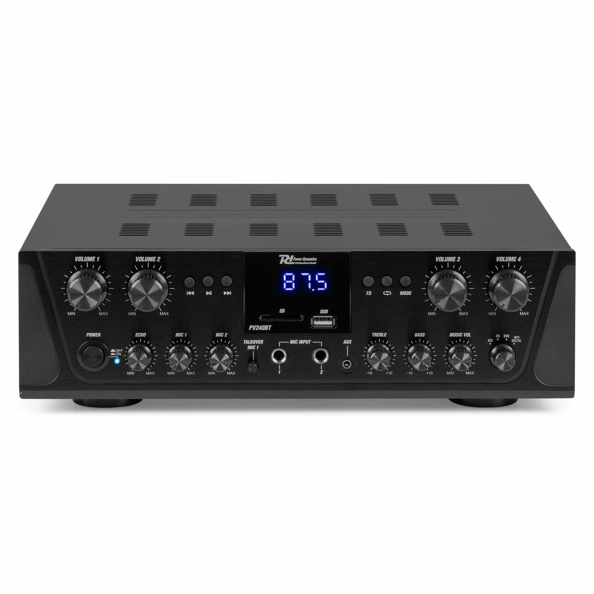 Sistema de Sonido de 4 Zonas con Bluetooth, FM y MP3 – Amplificador 400W + 8 Altavoces Negros Resistente al Agua IPX5 para Interior y Exterior – Incluye 100m de Cable y Mando a Distancia