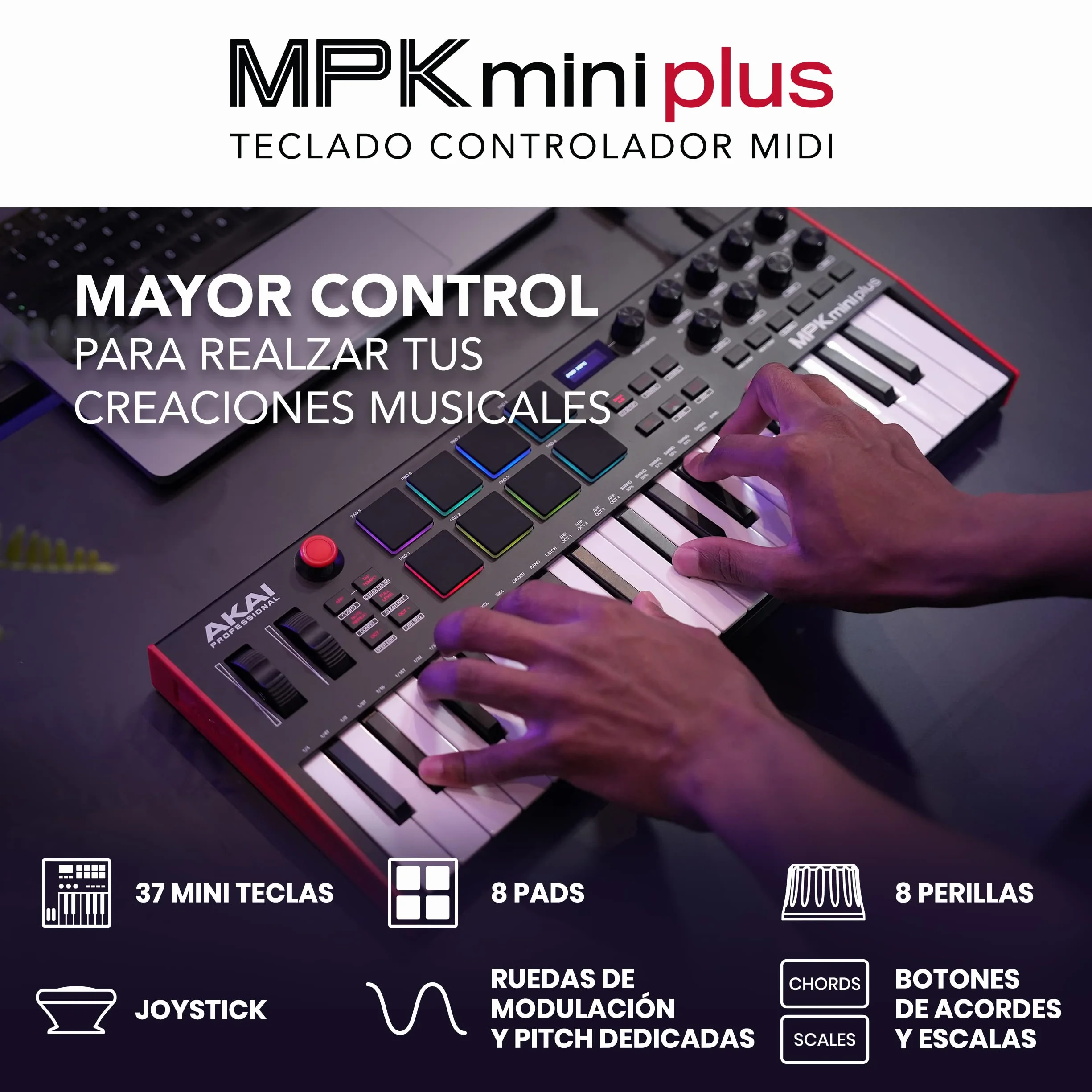 Akai Professional MPK Mini Plus - Teclado Controlador MIDI USB de 37 Mini Teclas con 8 Pads MPC, Secuenciador, MIDI/CV/Gate I/O, Software de Producción y Native Instruments Sound Package