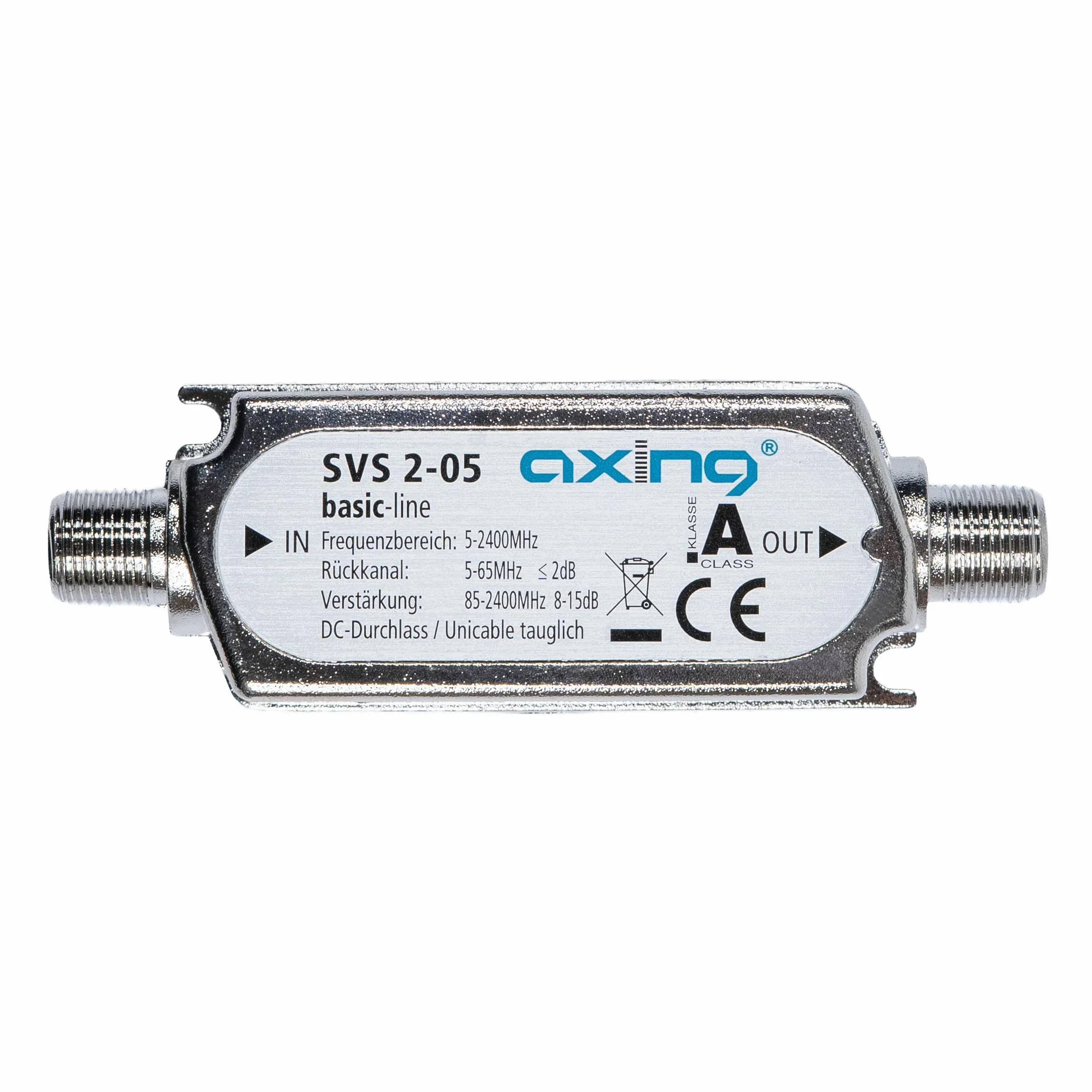 Axing SVS 2-05 - Amplificador multibanda para Las señales combinadas de terrestre y satélite con Canal Retorno (15 dB, 85-2200 MHz) Color Plateado