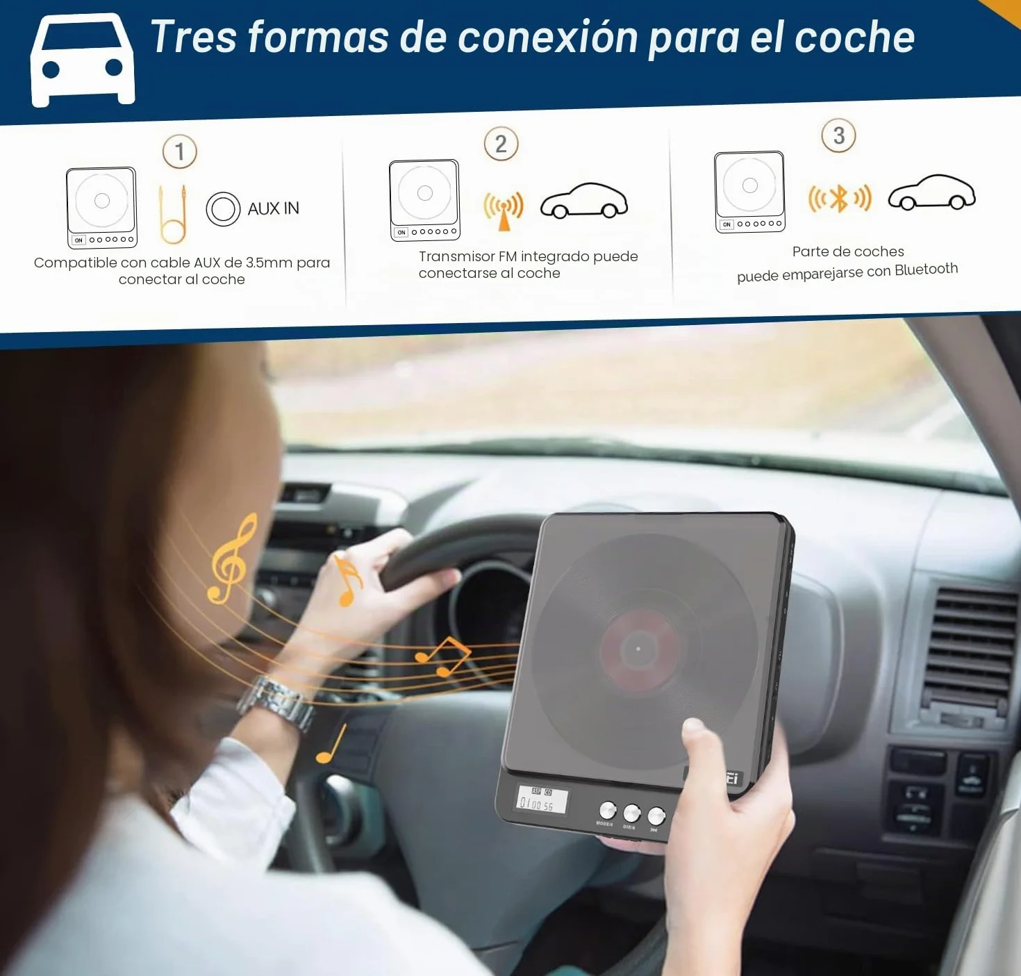 Reproductor de CD Portátil con Bluetooth 2000mAh Recargable Transmisor FM, Doble Jack 3.5mm para Coche