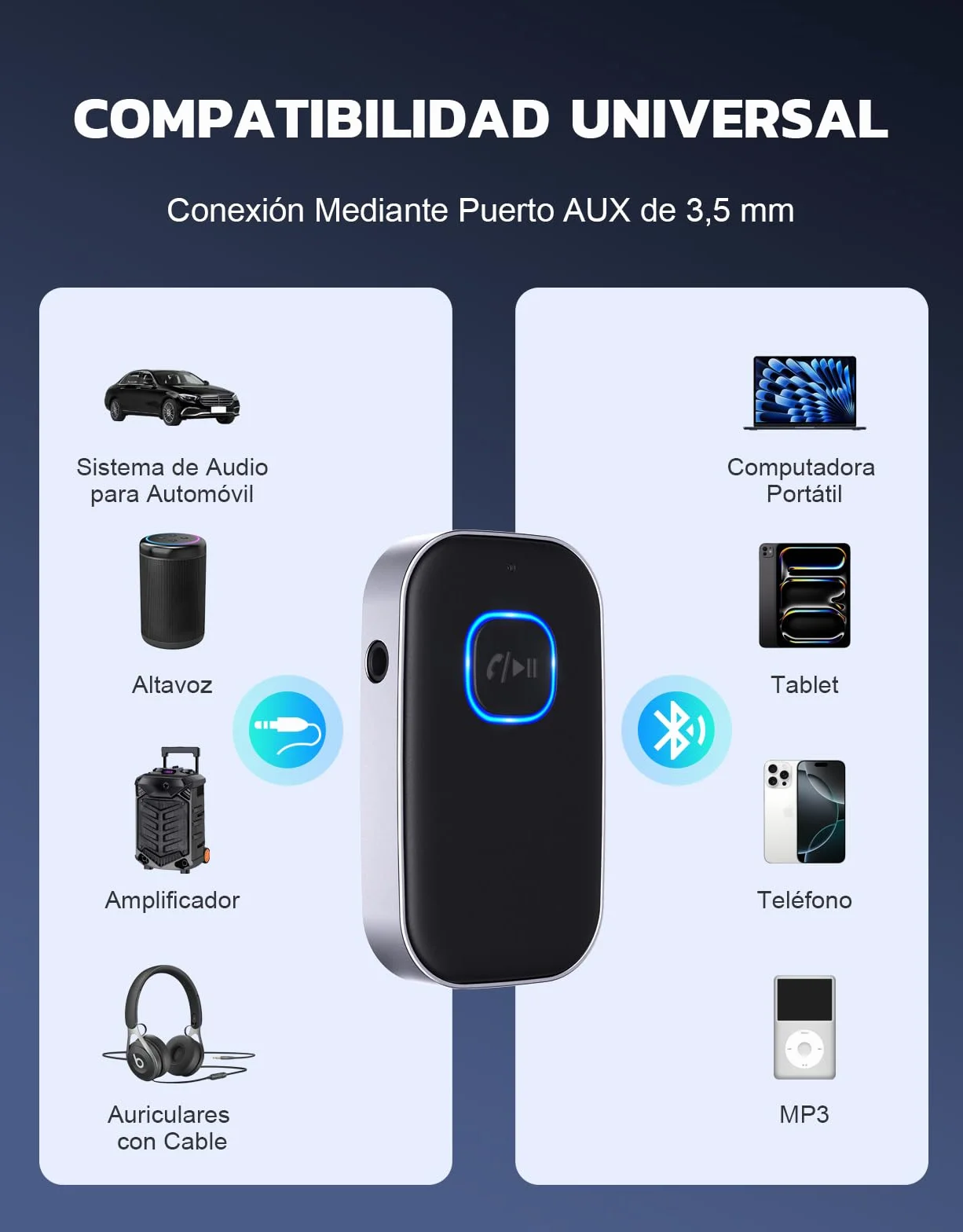 Bluetooth 5.3 Receptor Audio Coche Jack 3.5mm Adaptador 16Hrs Dual Conexión HiFi Manos Libres