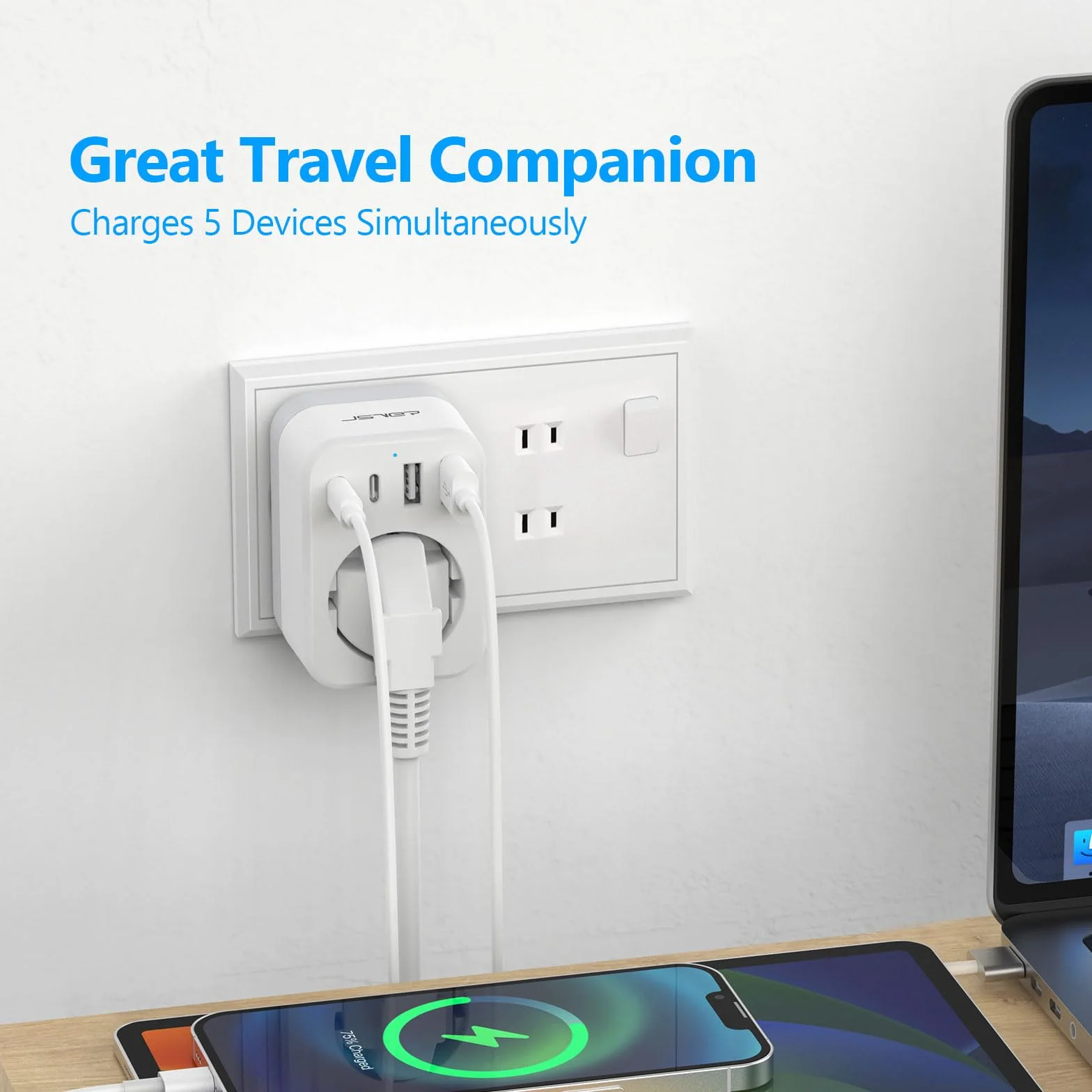 Adaptador Japon, JSVER 5 en 1 Adaptador Enchufe para Japan Tipo A con 2 USB A y 2 USB C, Enchufe de Viaje para Español a Japones,América, México, Canadá, Tailandia-Blanco