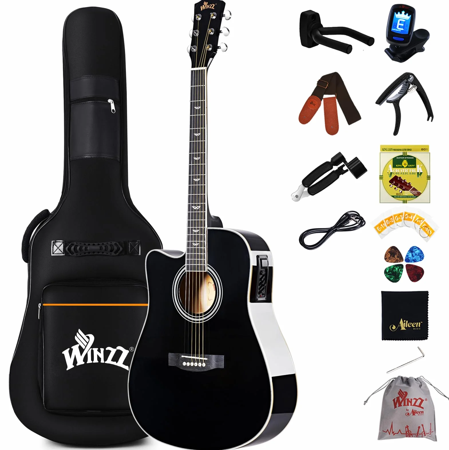 Winzz 4/4 Guitarra electroacústica, juego de guitarra western para zurdos, para principiantes adultos, guitarra acústica de 104 cm con ecualizador de 4 bandas (Dreadnought, negro brillante)