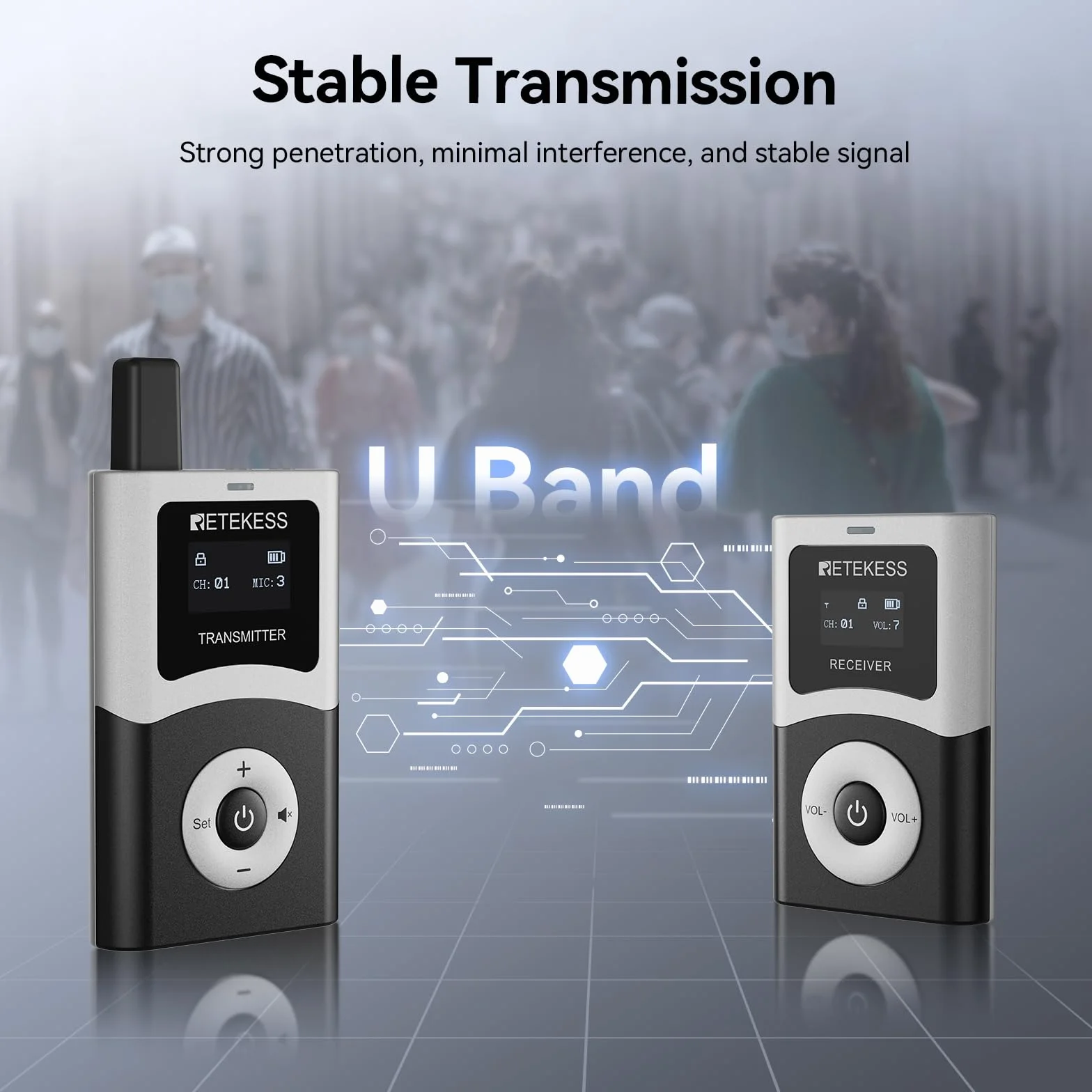 Retekess T130U (T130 4rd) Portátil Sistema de Guía Turística Inalámbrico, Juego de Guía Turística, Audioguías, 200 m, de Transmisión Digital, Operación con Una Sola Tecla, Estuche de Carga de 32