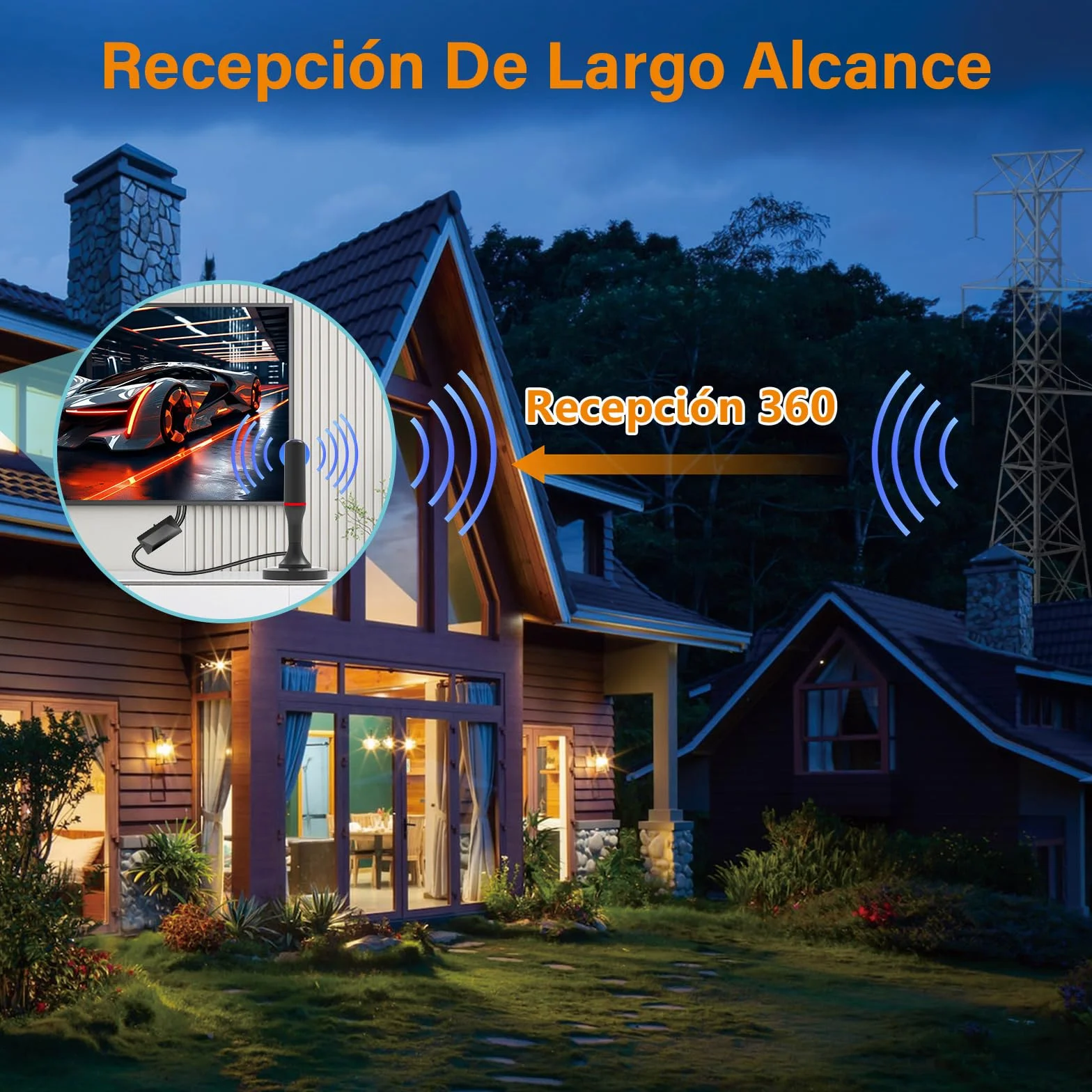 Antena TV Interior Potente con Base Magnética 500 km 360° 4K/1080p/VHF/UHF DVB-T/T2