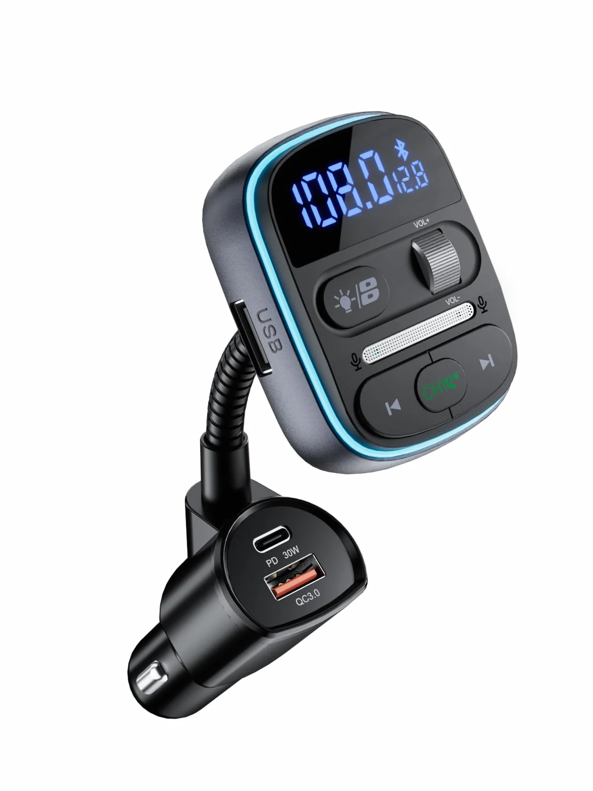 LENCENT Transmisor FM Bluetooth 5.0 para Coche, Adaptador Radio Carga Rápida PD 30W QC3.0, Manos Libres, Reproductor MP3 USB TF