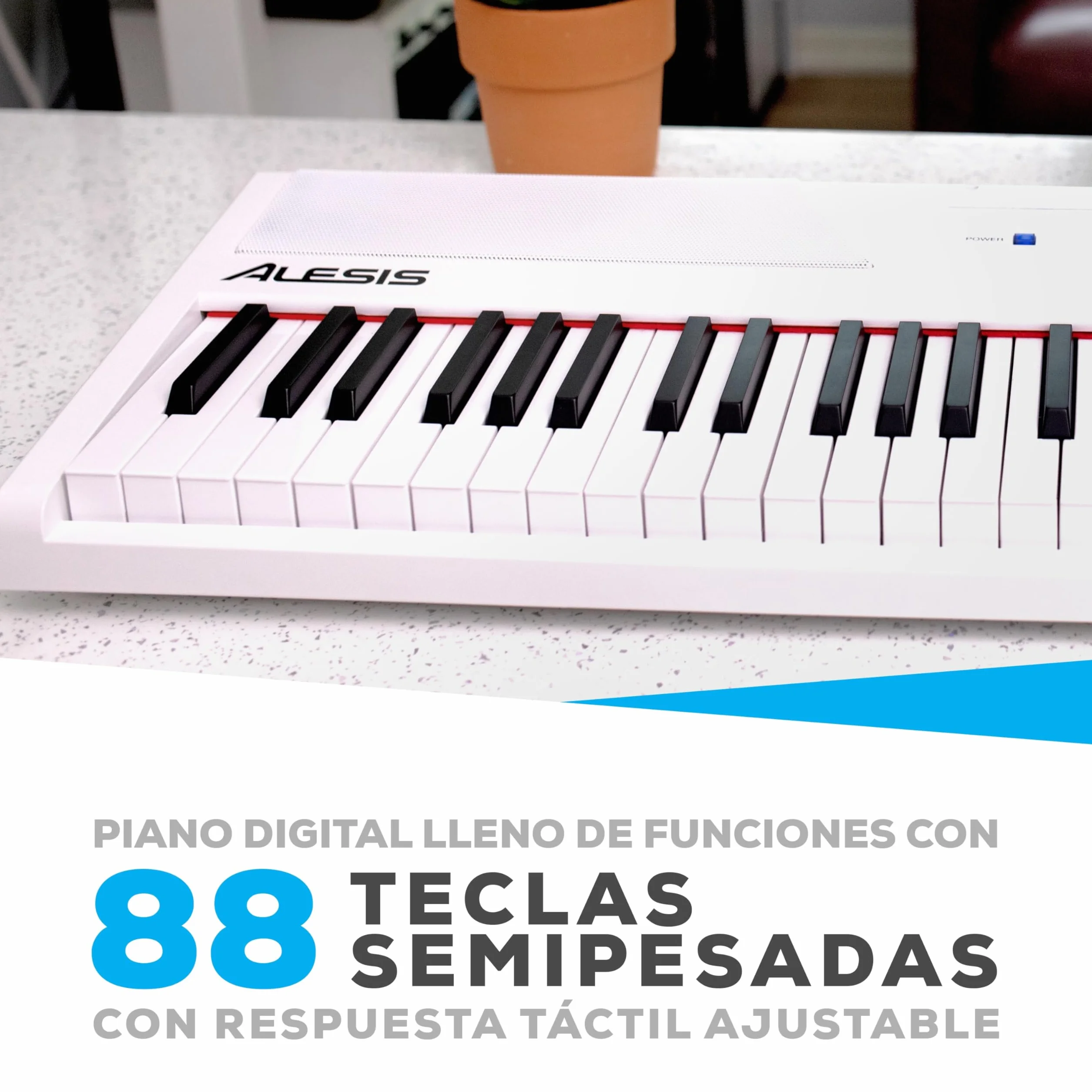 Alesis Recital Piano Eléctrico 88 Teclas Semi Contrapesadas con Altavoces, Lecciones de Piano, Metrónomo y 5 Kits de Sonidos - Blanco