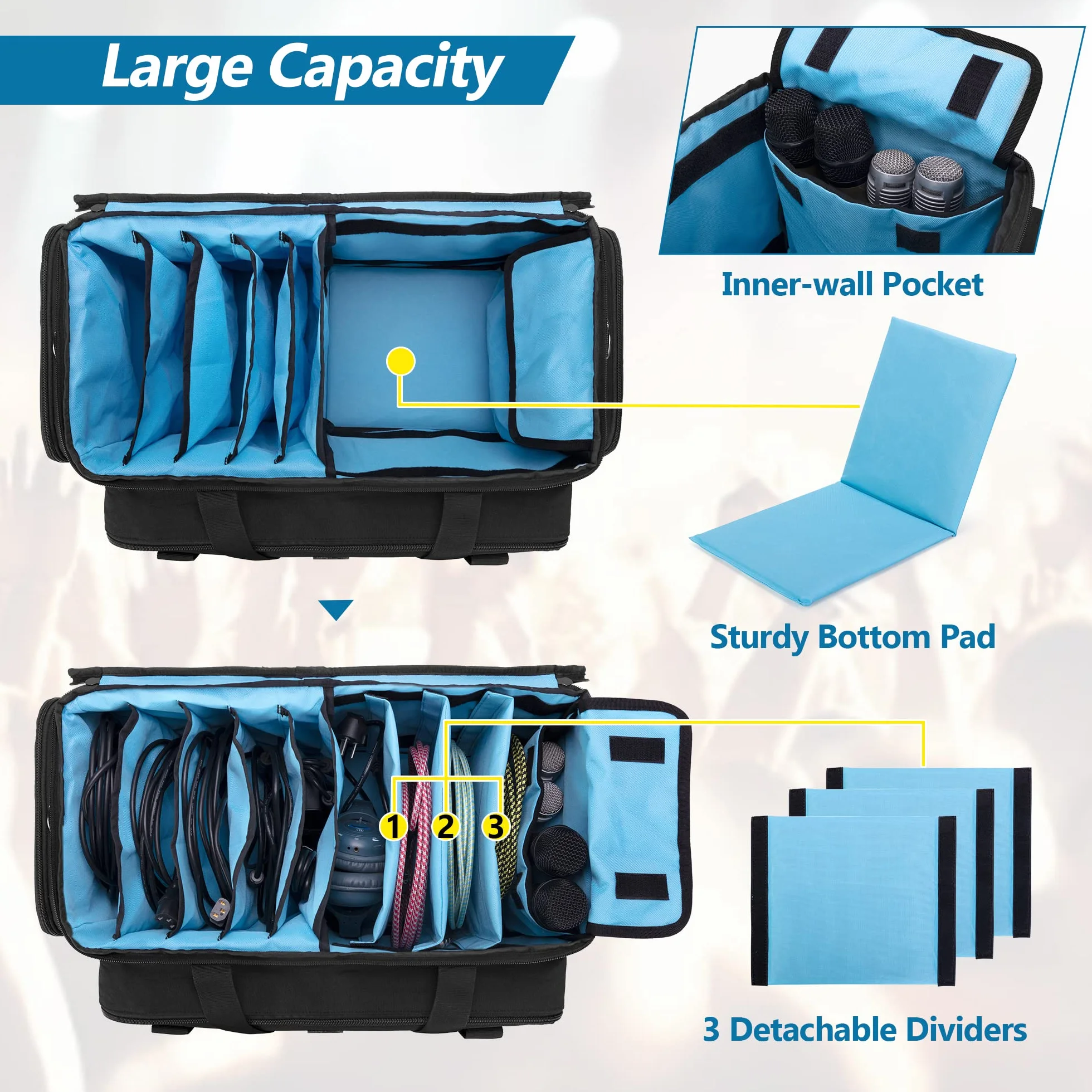 HODRANT Bolsa para Cables DJ Gig, Estuche para Cable DJ Grande con Fondo Acolchado Resistente y Divisores, Organizador de Almacenamiento de Equipo de DJ de Viaje para Instrumento Musical, Solo Bolsa