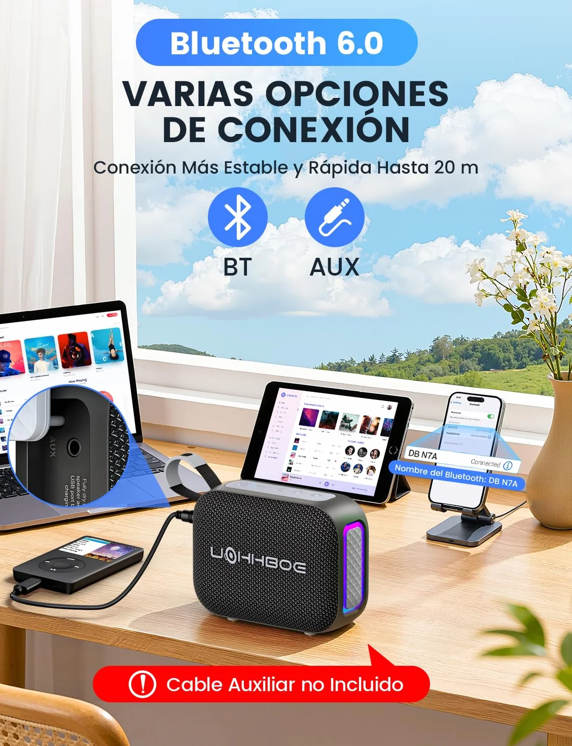 UOHHBOE Altavoz Bluetooth 6.0 20W Potente con Luz LED, TWS, IPX5 Impermeable, 24 Horas, Portátil