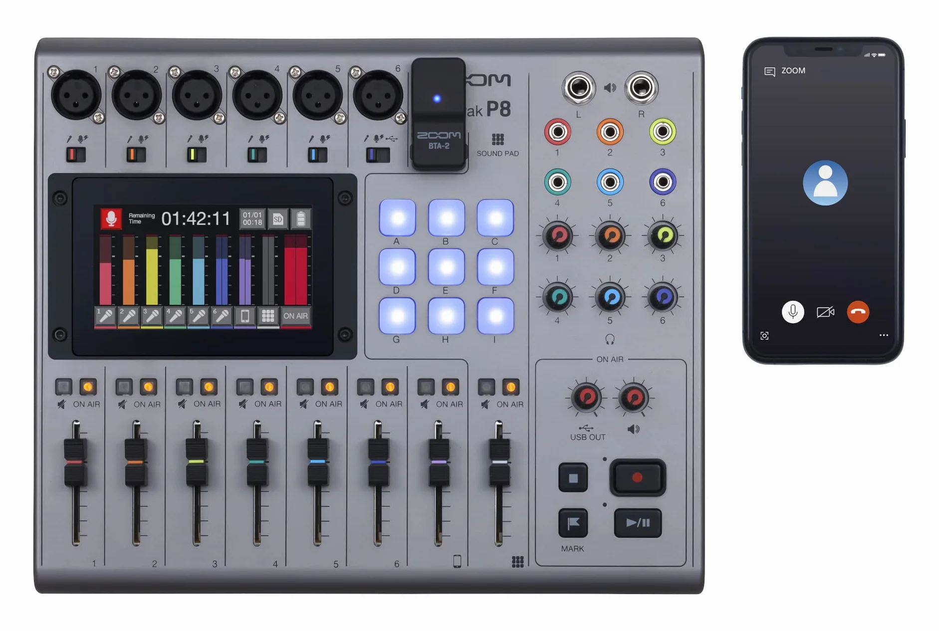 Zoom PodTrak P8 Grabador para Podcast, 6 entradas de micro, 6 salidas de auriculares, entrada Phone, Sound Pads, edición integrada, grabación en SD, interface de audio USB, alimentado por pilas
