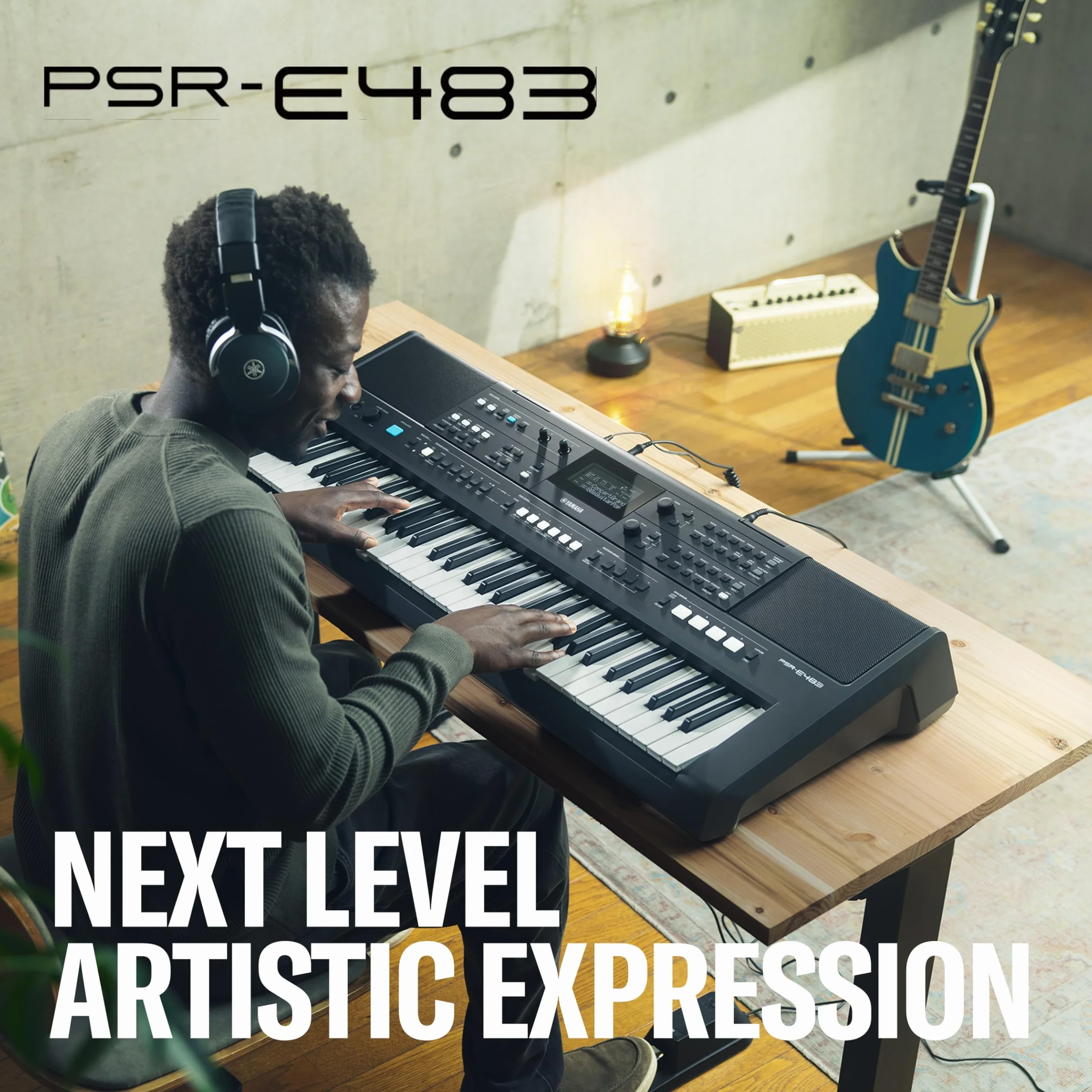 YAMAHA PSR-E483 – Teclado portátil moderno con 61 teclas sensibles a la pulsación, 860 Voces con 15 Super Articulation Lite, 345 Estilos, altavoces de alta potencia y USB-C – Negro