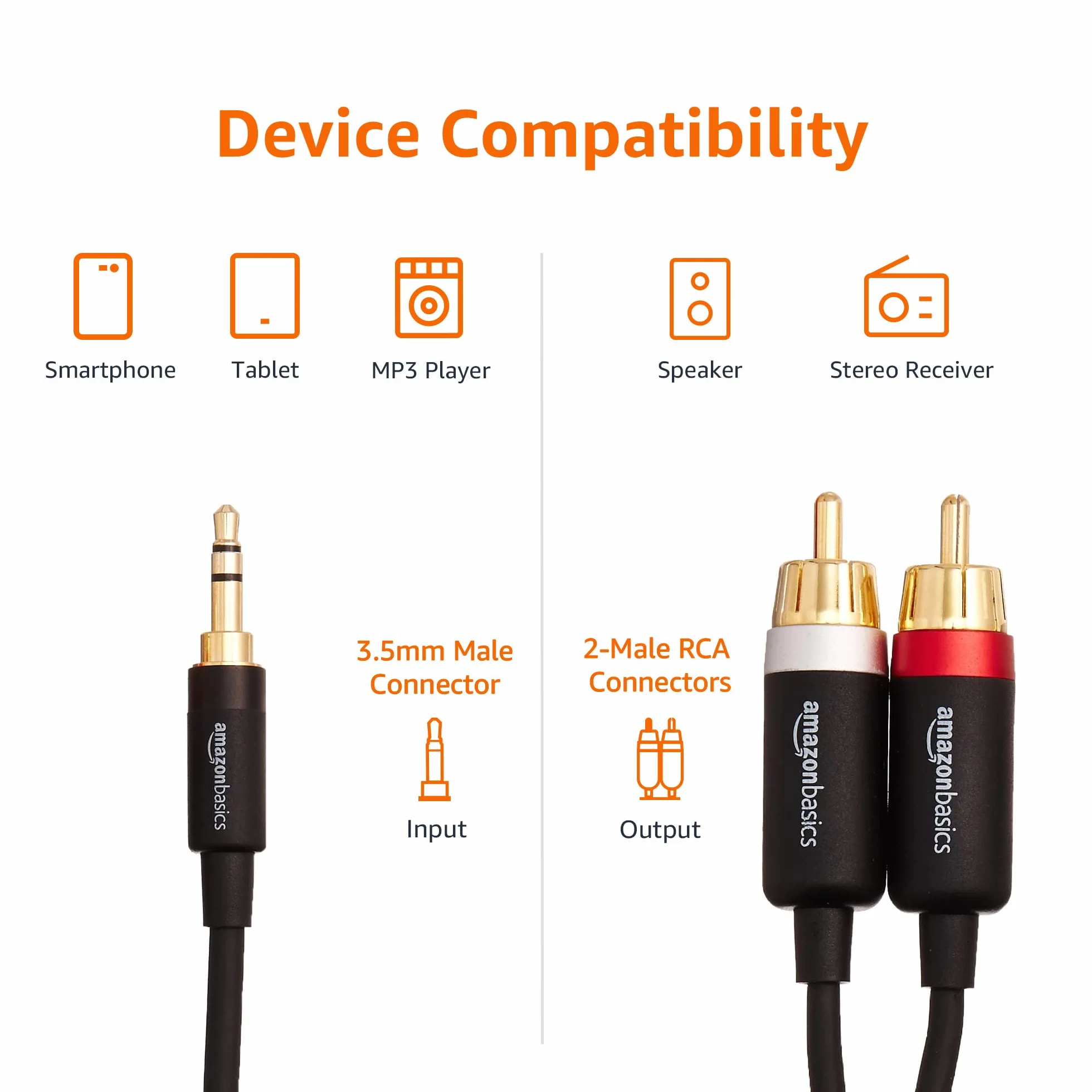 Amazon Basics Cable de Audio Adaptador 3,5 mm Auxiliar a 2 RCA, Conectores chapados en Oro, 1.2 m, Negro