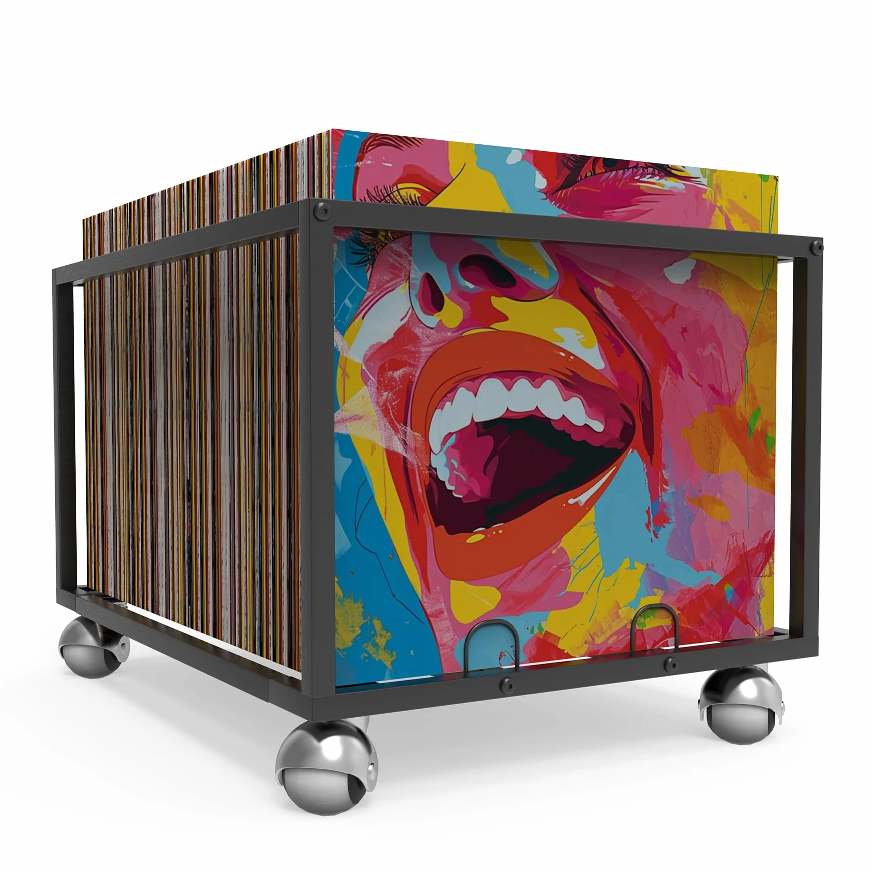 Almacenamiento de discos de vinilo sobre ruedas, estructura de metal resistente, capacidad para hasta 100 álbumes, elegante organizador para tu colección de vinilos