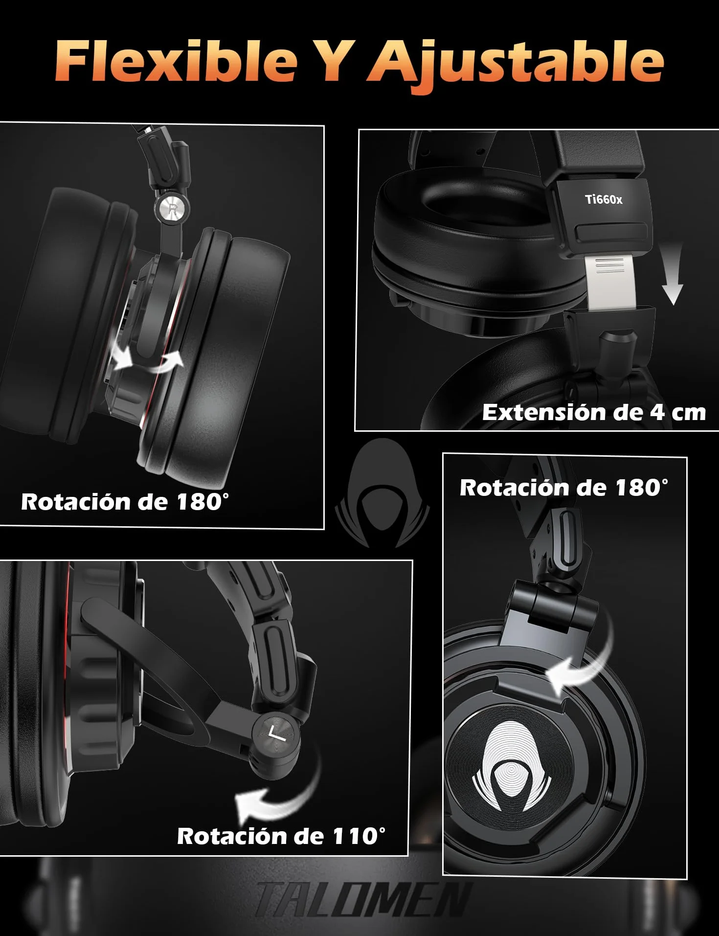talomen TI660X Auriculares DJ con Cable,Auriculares de Estudio,auriculare con HD,50mm Controladores,Conector de 3.5 y 6 mm,Earphones de Ruido para pc Piano Guitarra AMP Grabación de Teléfono,Negro