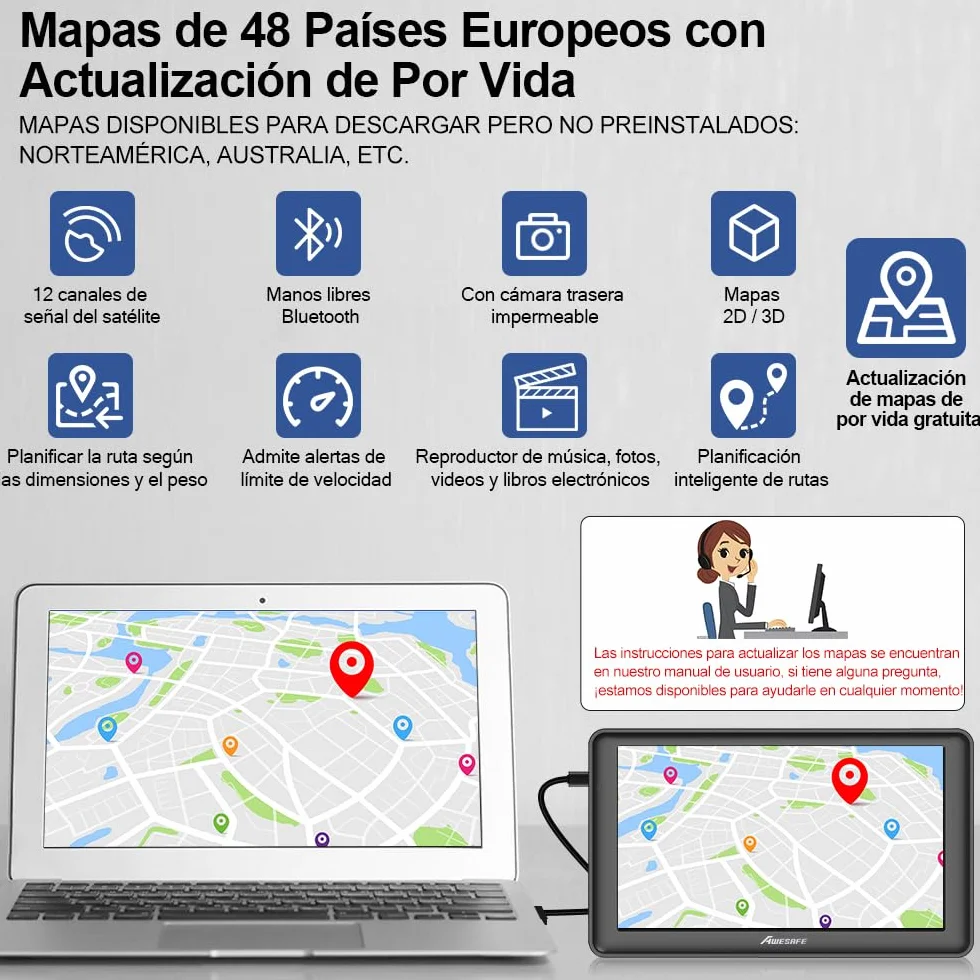 AWESAFE 7'' GPS Navigator Off Road con Cámara Trasera y Bluetooth, Mapas Europeos 48 Países