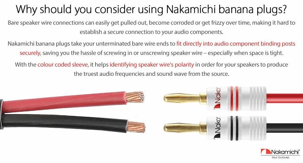 Nakamichi Enchufe de banana chapado en oro 24K 12-18 AWG 4 mm para Altavoces Amplificador Hi-Fi, 4 piezas (2 pares)