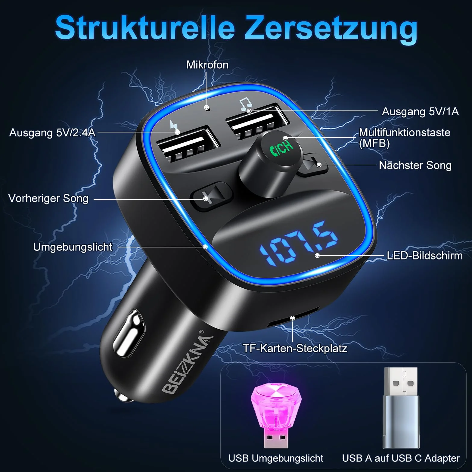 Transmisor FM Bluetooth para Coche, Bluetooth 5.3 Manos Libres Inalámbrico Reproductor Coche con Dual USB 5V/2.4A, Hi-Fi Reproductor Música Adaptador de Radio Soporte Tarjetas SD USB Flash Drive