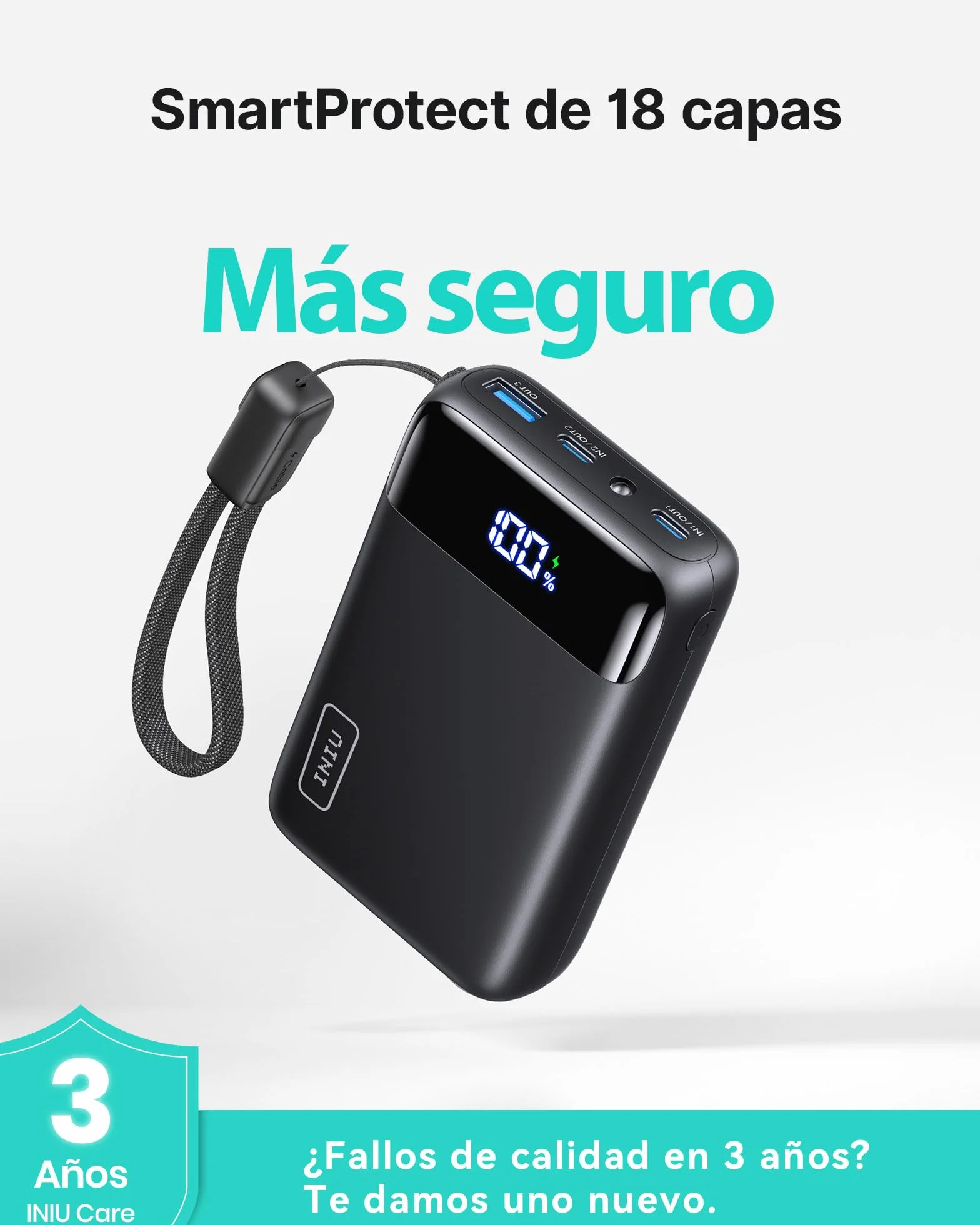 INIU Power Bank 20000mAh 22.5W Carga Rapida Bateria Externa con Cable USB C