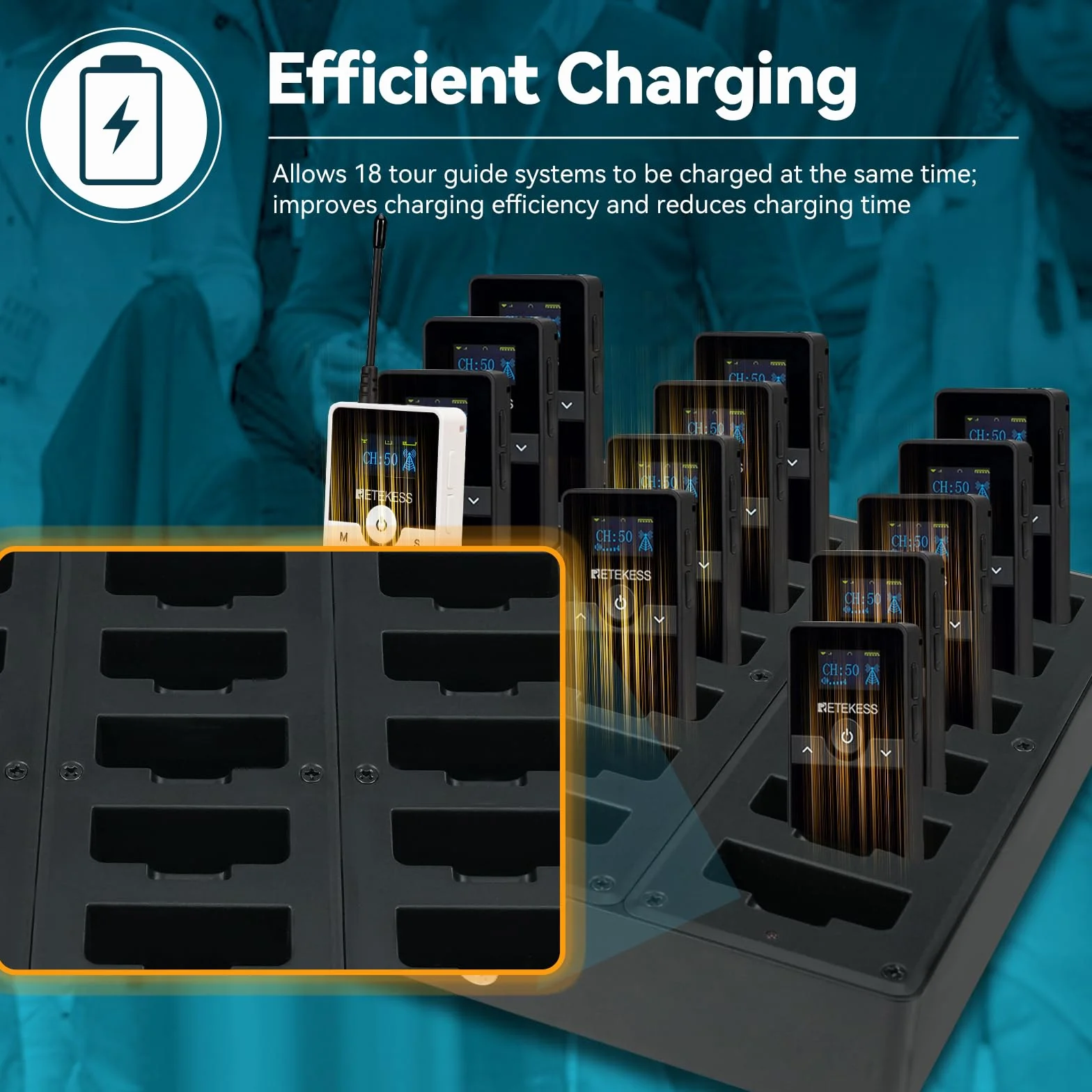 Retekess TT116 Tour Guide System, Sistema de Guía Turística Inalámbrica, Reducción de Ruido, 200m, Auriculares D, con Cargador de 18 Puertos para Fábrica, Viajar (1 Transmisor, 17 Receptores)
