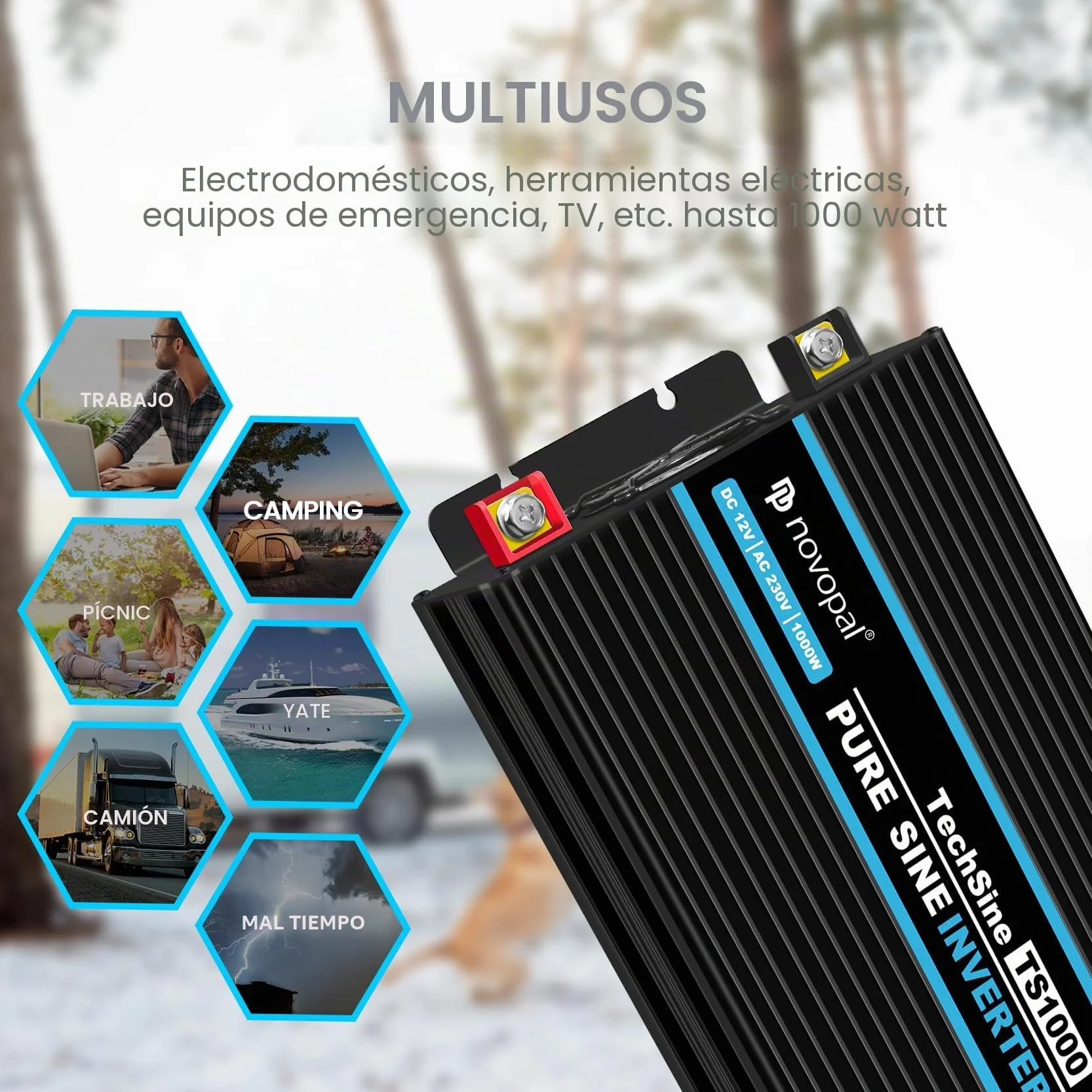 NOVOPAL 1000W Inversor de Corriente Onda Pura DC 12v a 220v 230v 5M Mando a Distancia Convertidor de Coche con 2 USB Puerto,enchufes EU para Coche/Caravana/Camión