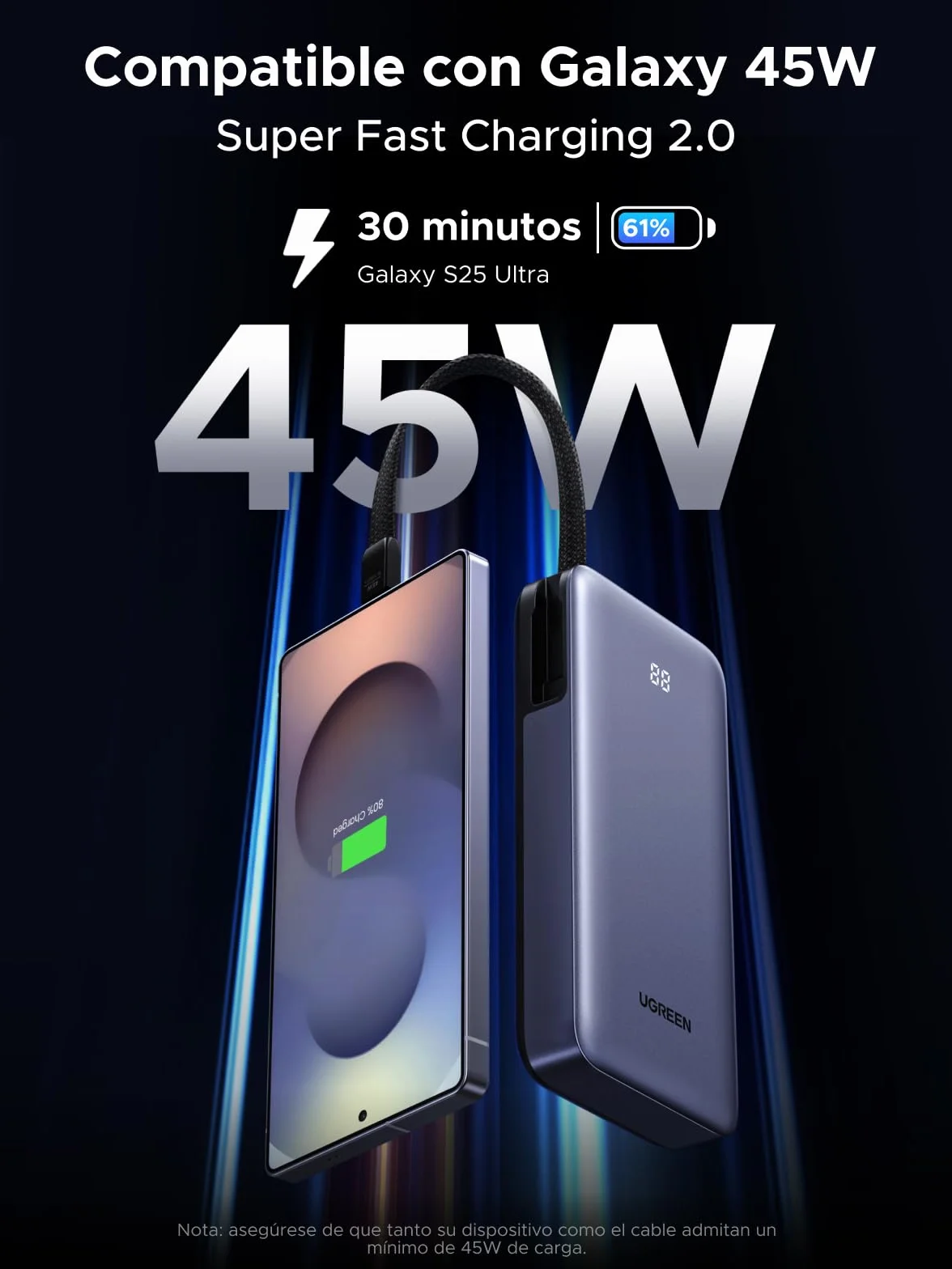 UGREEN Nexode 45W Power Bank 20000mAh Batería Externa Carga Rápida Cable USB C Integrado PD3.0 Cargador Portátil PC LED Compatible con iPhone 17 16 15 Plus Pro MAX Galaxy S25 S24 A56 A16 MacBook iPad