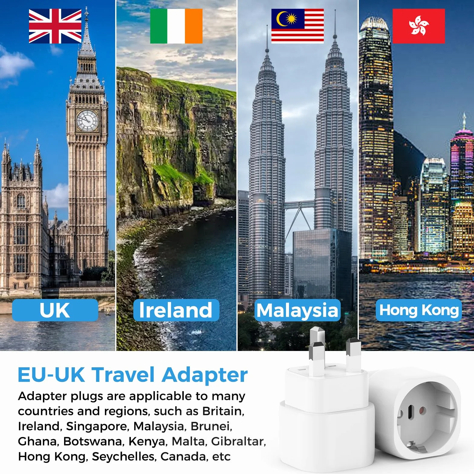 3 Piezas Adaptador Enchufe UK a Español, Adaptador Enchufe Ingles Tipo G, Inglaterra 2-Pin Europa a 3-Pin Reino Unido para Inglaterra/Escocia/Irlanda/Dubai/Maldivas(Tipo G)
