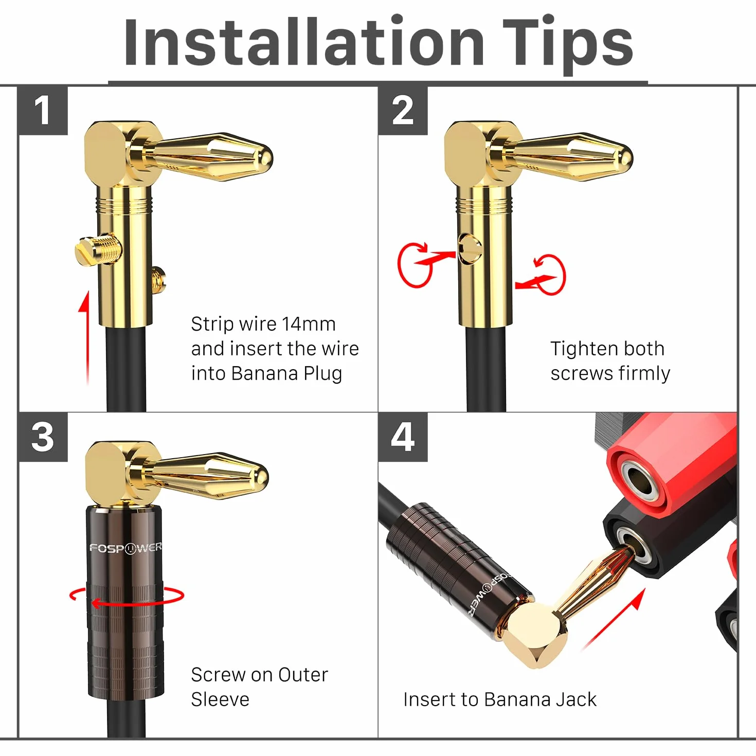 FosPower Conectores Banana 2 Pares 4 Piezas Ángulo 90° Chapados en Oro 24K para Altavoces HiFi